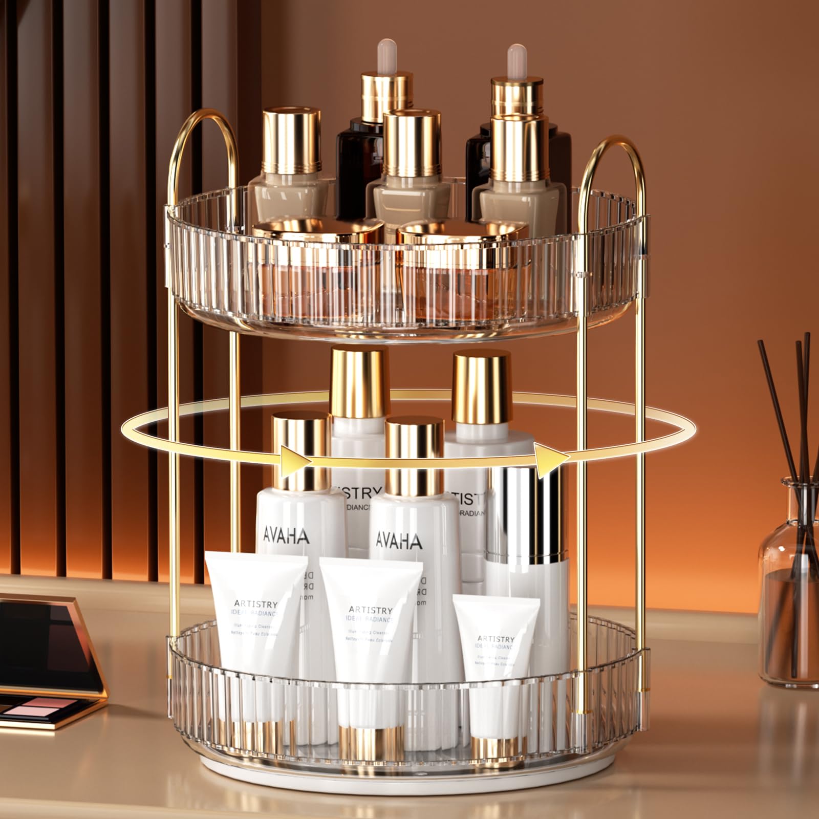 YCIA&DONE 360 Rotating Makeup Organizer and Storage for Vanity Bathroom Countertop, High Capacity Cosmetic Skincare Perfume Organizer for Dresser Lazy Susan Organizers(Clear White,2 Tiers)