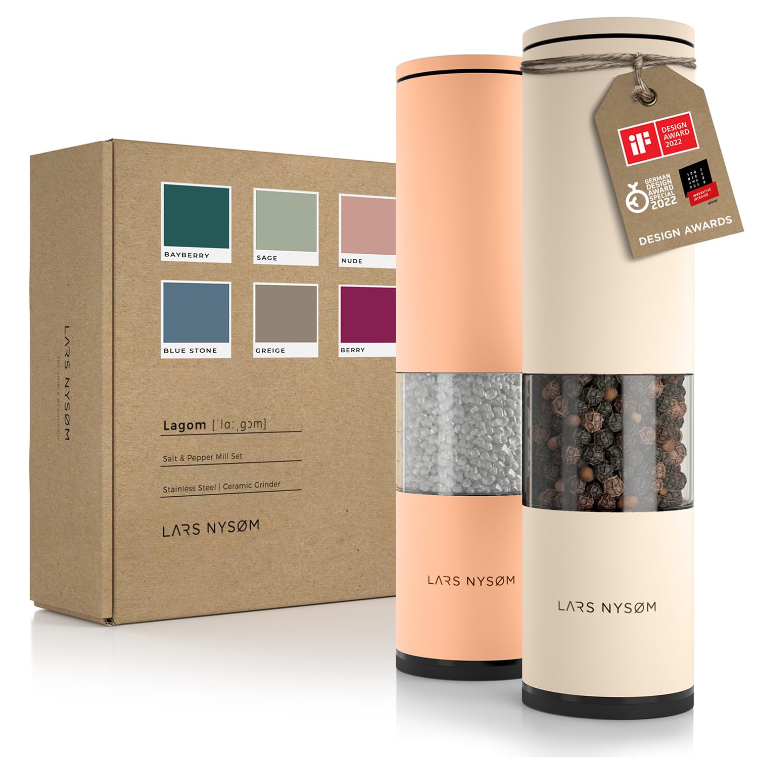 LARS NYSØM Salt and Pepper Mills Set Stainless Steel with Adjustable Ceramic Grinder 2 Pieces I Design Spice Mills Set Manual (Brown/Beige)