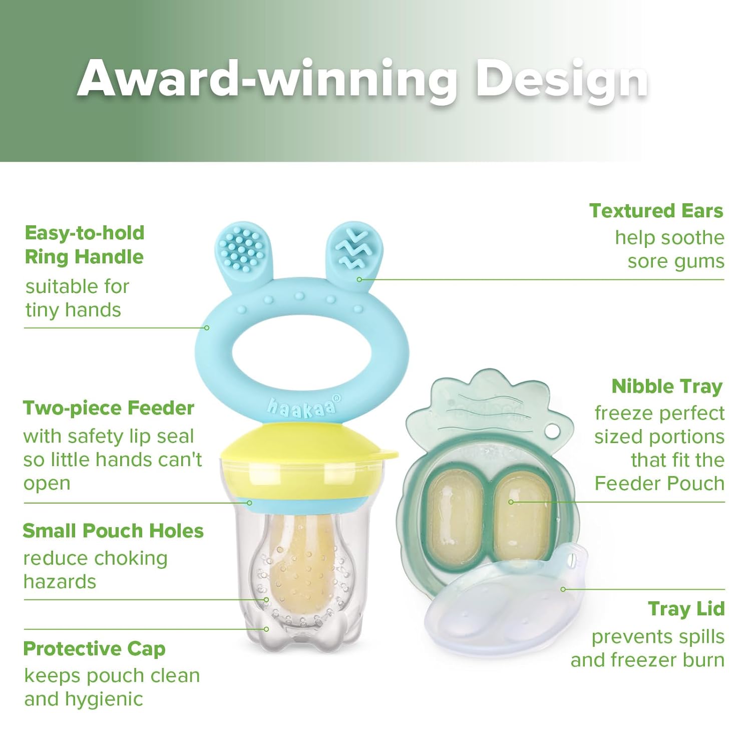 Haakaa Baby Fruit Food Feeder & Mini Freezer Nibble Tray Combo, Breastmilk Popsicle Molds for Cooling Relief, BPA Free Silicone Feeder for Safe Infant Self Feeding, 4 Month+ (Pea Green)