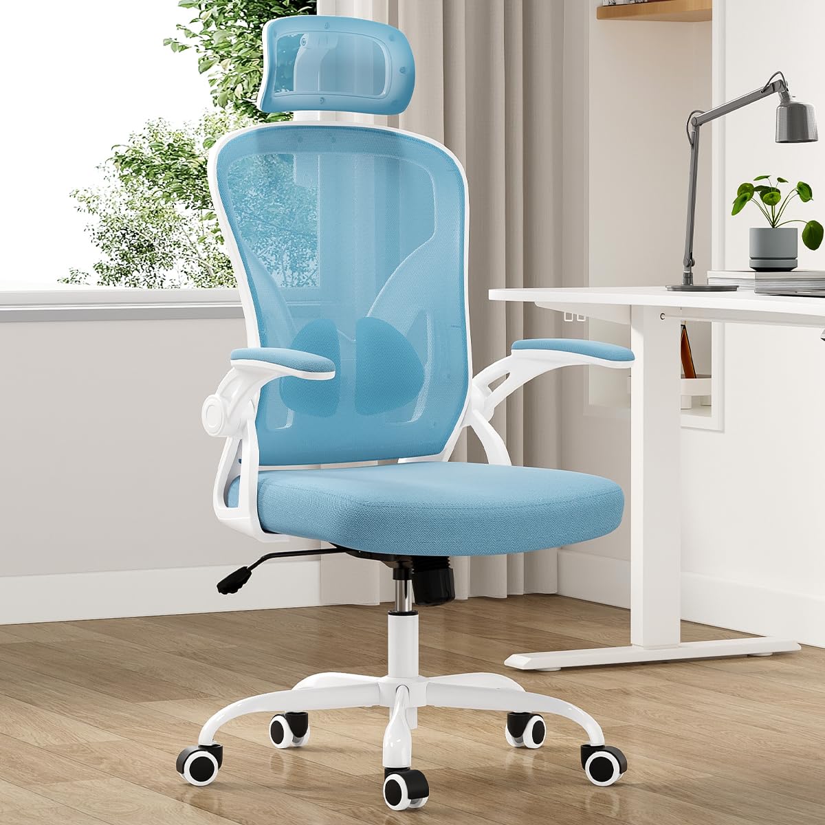 Farini Ergonomic Office Chair, Home Office Desk Chair with Headrest, High Back Computer Chair with Flip-up Armrests and Adjustable Lumbar Support for Home Office Study Bedroom, Khaki.