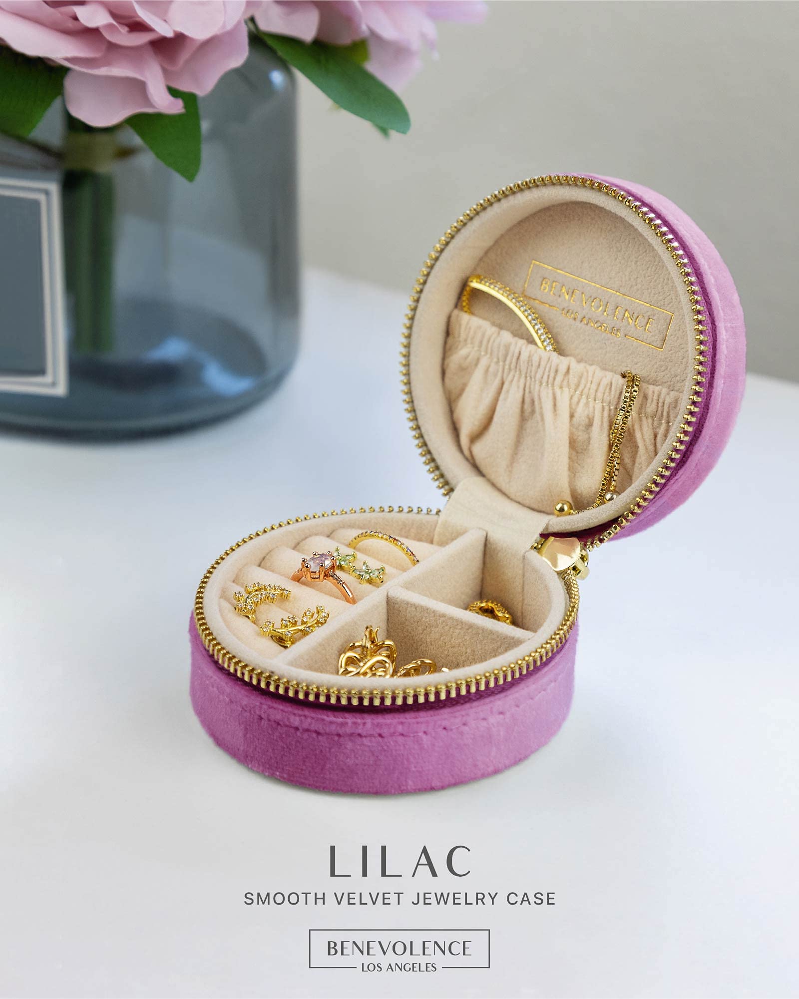 Benevolence LA Plush Velvet Travel Jewelry Storage Box | Travel Jewelry Case Small Jewelry Box for Women | Jewelry Travel Organizer | Earring Organizer with Mirror - Dusty Pink