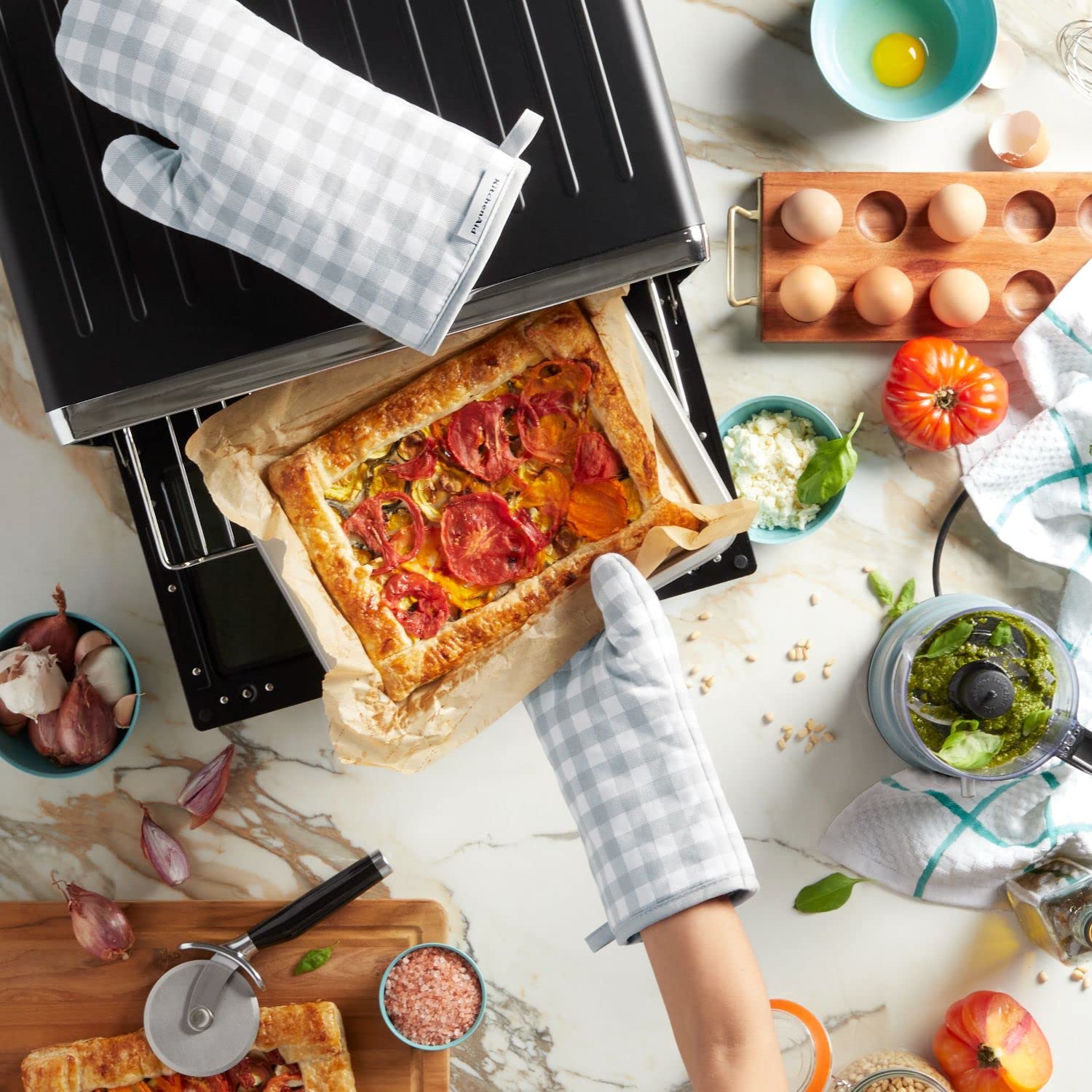 KitchenAid Gingham Oven Mitt 2-Pack Set, Milkshake, 7"x13"