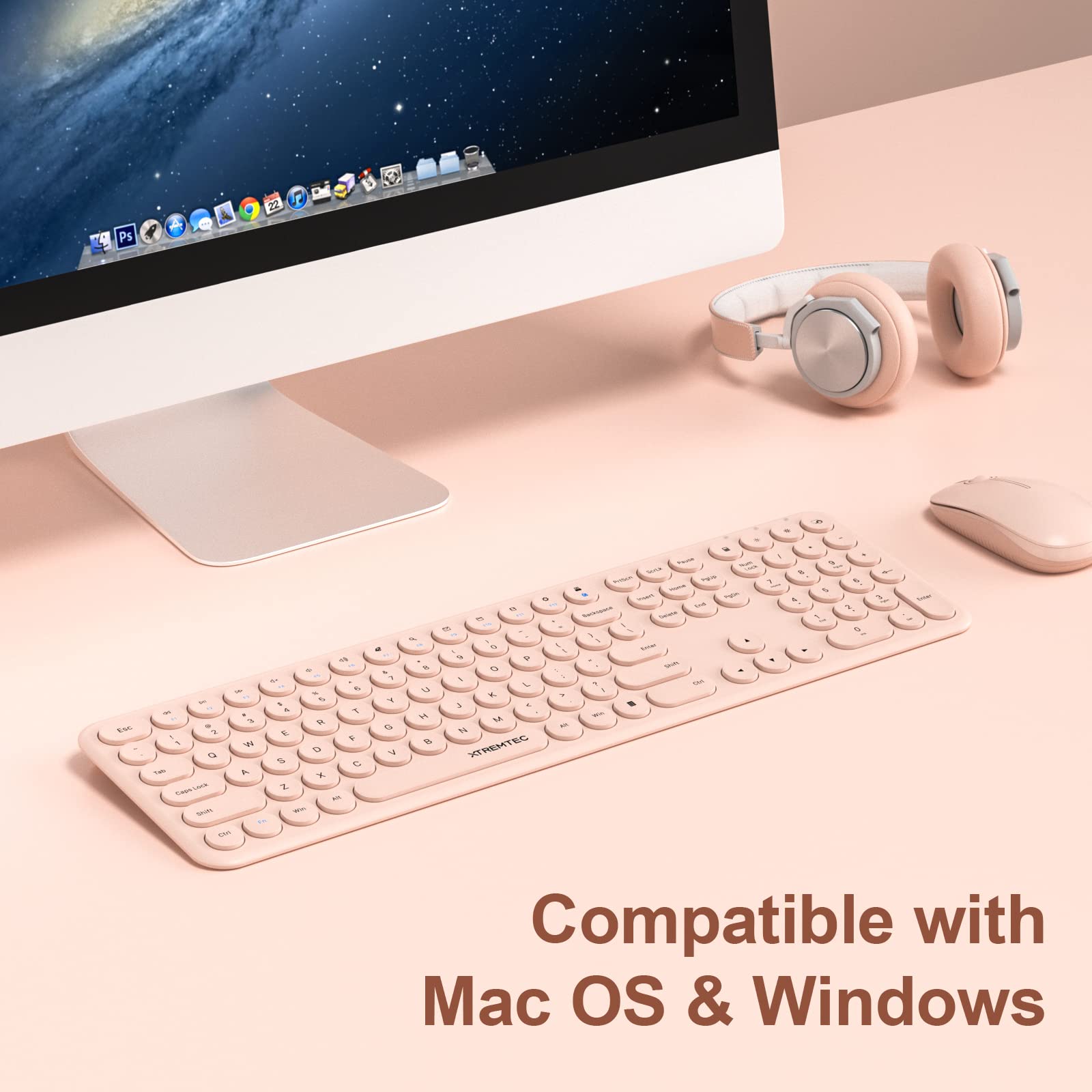 Wireless Keyboard and Mouse, XTREMTEC Cute Keyboard Retro Round Keycap - 2.4GHz Ultra-Slim Quiet Aesthetic Keyboard for Mac Computer Laptop PC Desktops (Rosegold)