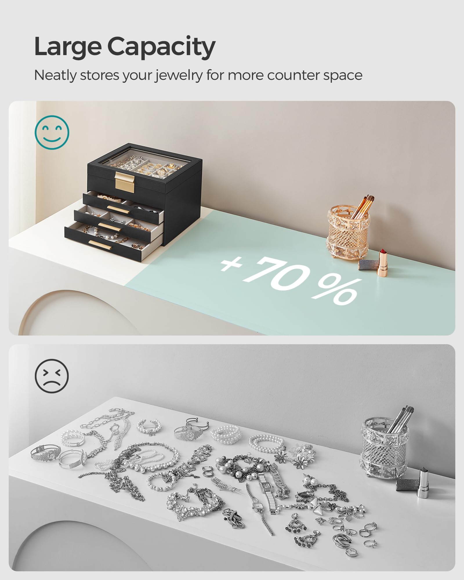 SONGMICS Jewelry Box with Glass Lid, 3-Layer Jewelry Organizer, 2 Drawers, for Big and Small Jewelry, Jewelry Storage, Modern Style, 8 x 9.1 x 5.3 Inches, Cloud White and Gold Color UJBC239WT