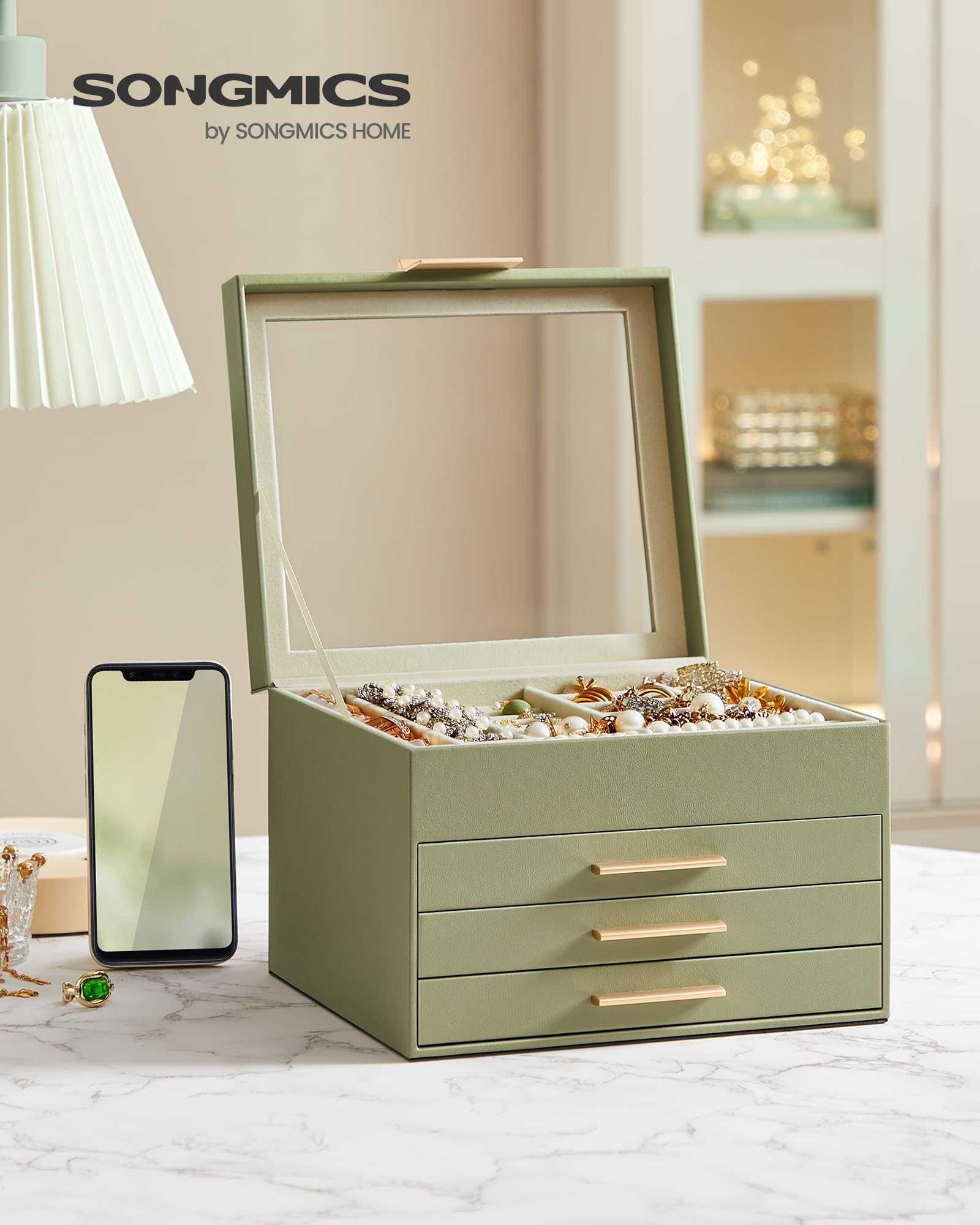 SONGMICS Jewelry Box with Glass Lid, 3-Layer Jewelry Organizer, 2 Drawers, for Big and Small Jewelry, Jewelry Storage, Modern Style, 8 x 9.1 x 5.3 Inches, Cloud White and Gold Color UJBC239WT