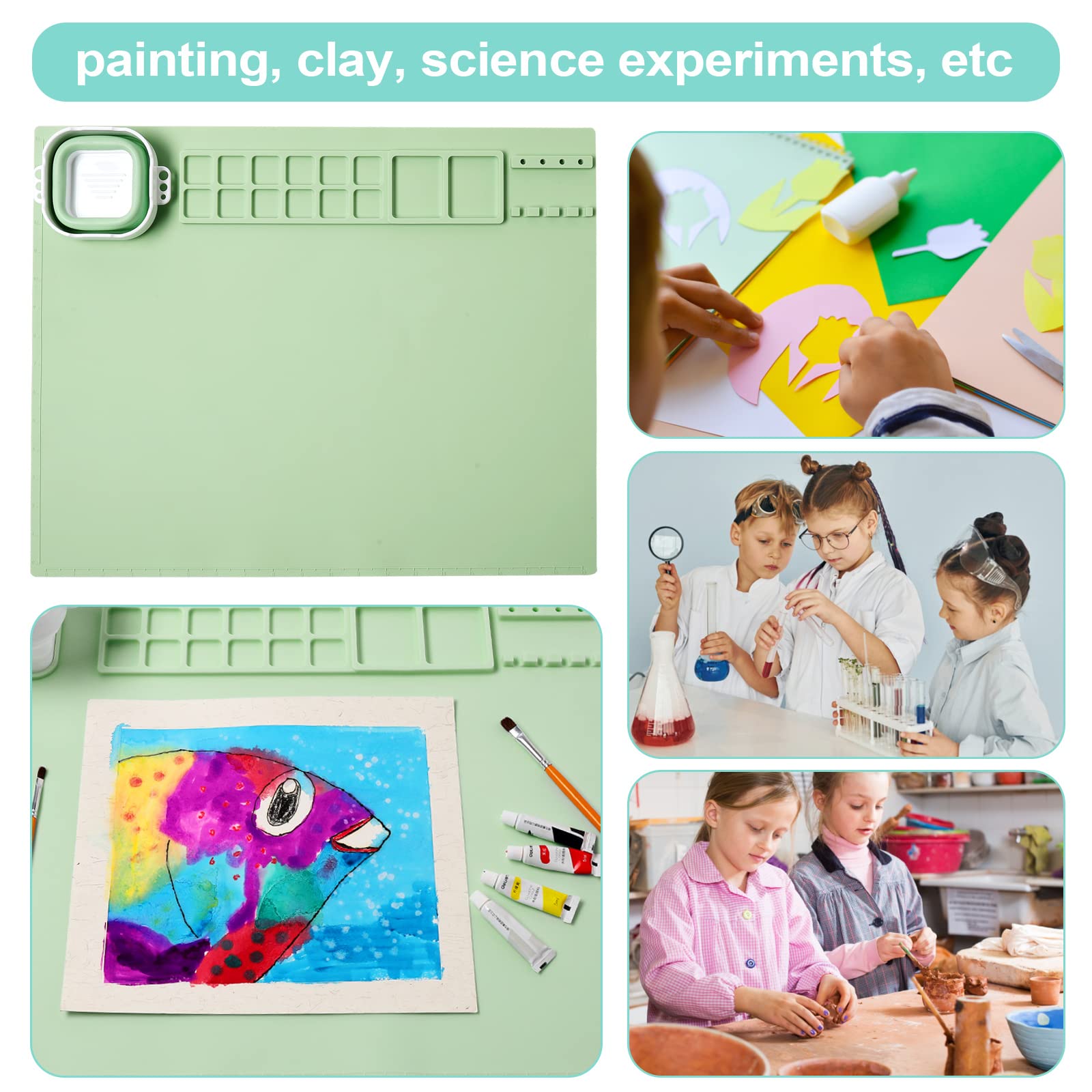 AWOKE Silicone Painting Mat - 20"X16" Silicone Art Mat with 1 Water Cup for Kids - Silcone Craft Mat has12 Color Dividers - 2 Paint Dividers (White)