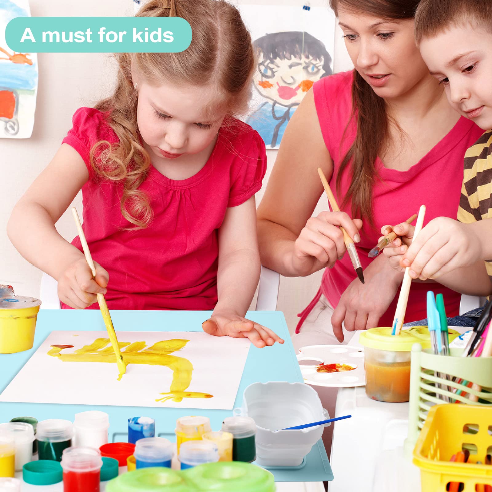 AWOKE Silicone Painting Mat - 20"X16" Silicone Art Mat with 1 Water Cup for Kids - Silcone Craft Mat has12 Color Dividers - 2 Paint Dividers (White)