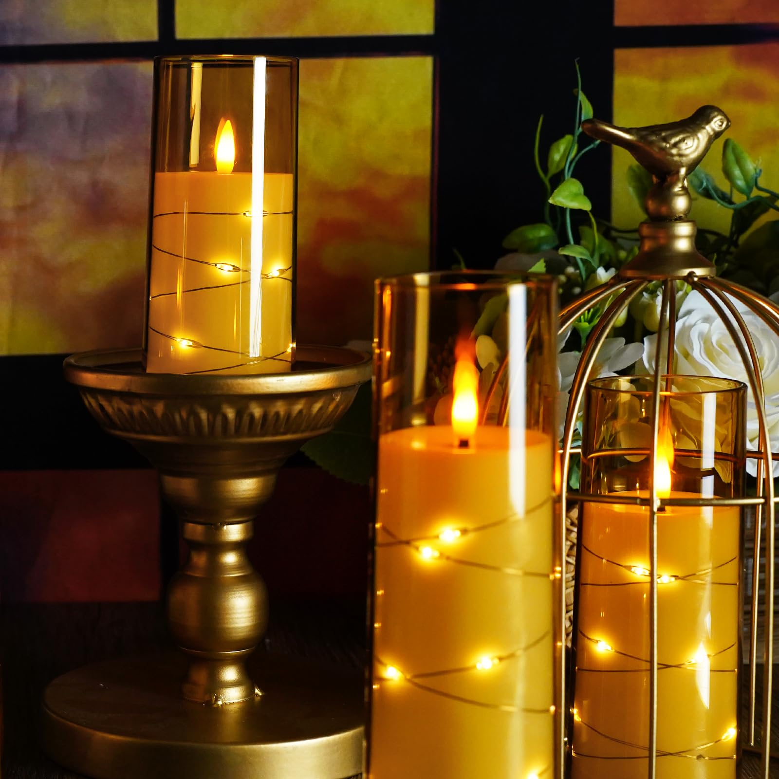 Flameless LED Candles with Timer 5 Pc Flickering Flameless Candles for Romantic Ambiance and Home Decoration Stable Acrylic Shell,with Embedded Star String,Battery Operated Candles(Grey)