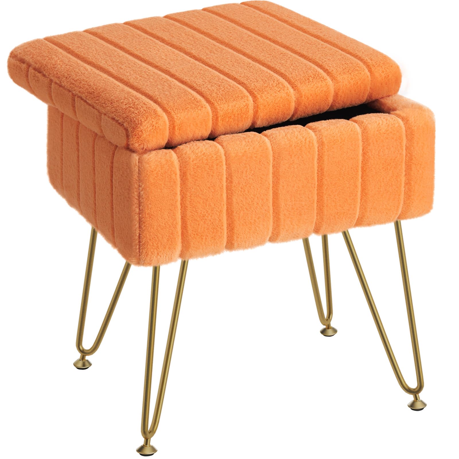 Greenstell Vanity Stool Chair Faux Fur with Storage, 19.4" H x 15.7" L x 11.8" W Soft Ottoman 4 Metal Legs with Anti-Slip Feet, Furry Padded Seat, Modern Multifunctional Chairs for Makeup, Bedroom