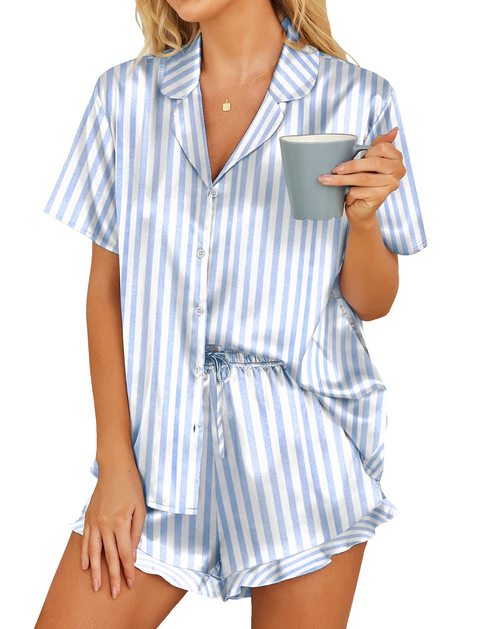 HOTOUCH Womens Satin Pajamas Set Button Down 2 Piece Silk Pjs Shorts Set Ruffle Lingerie Notch Collar Sleepwear