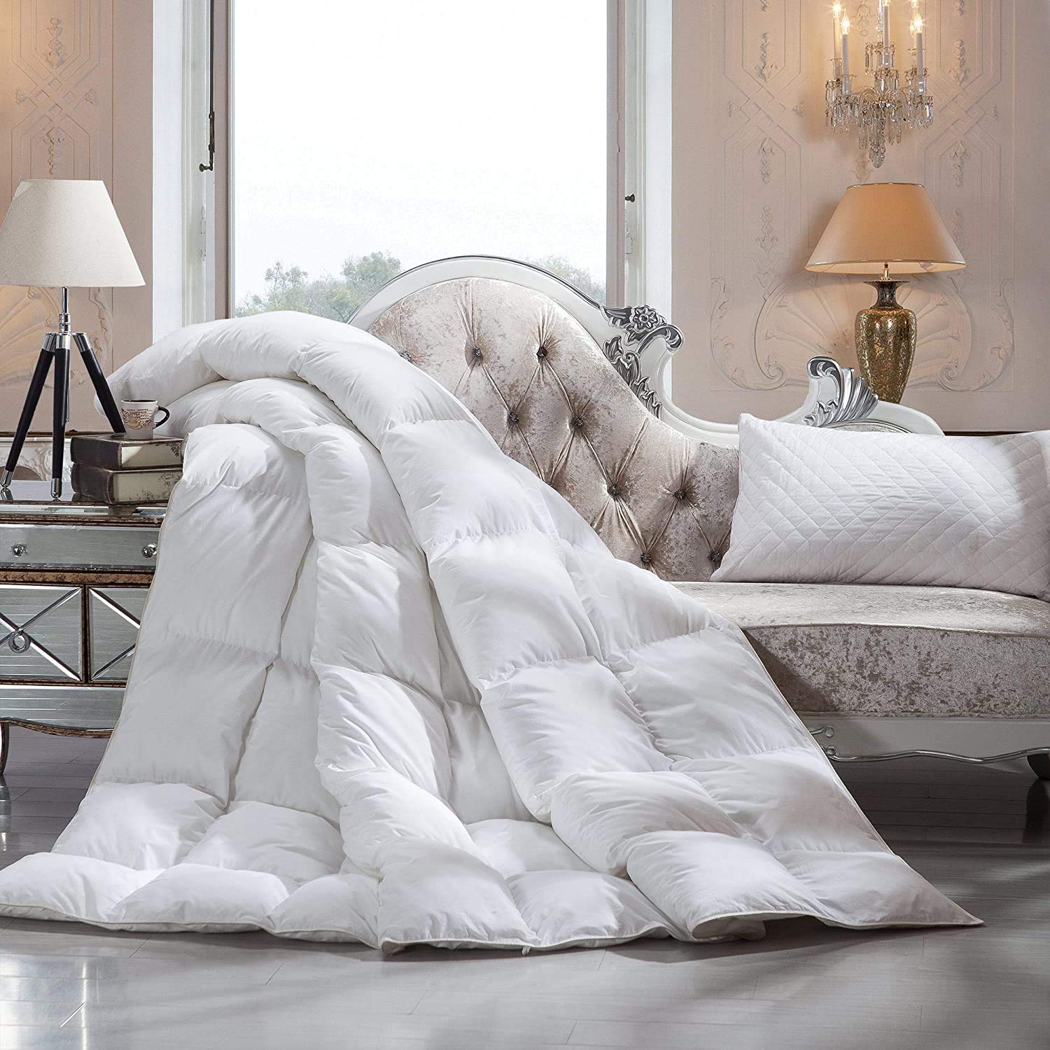 Luxurious Queen Size Goose Down Fiber Waterfowl Feather Fiber Comforter Duvet, 100% Egyptian Cotton Cover, 48 oz. Fill Weight, Baffle Box Design, White Solid