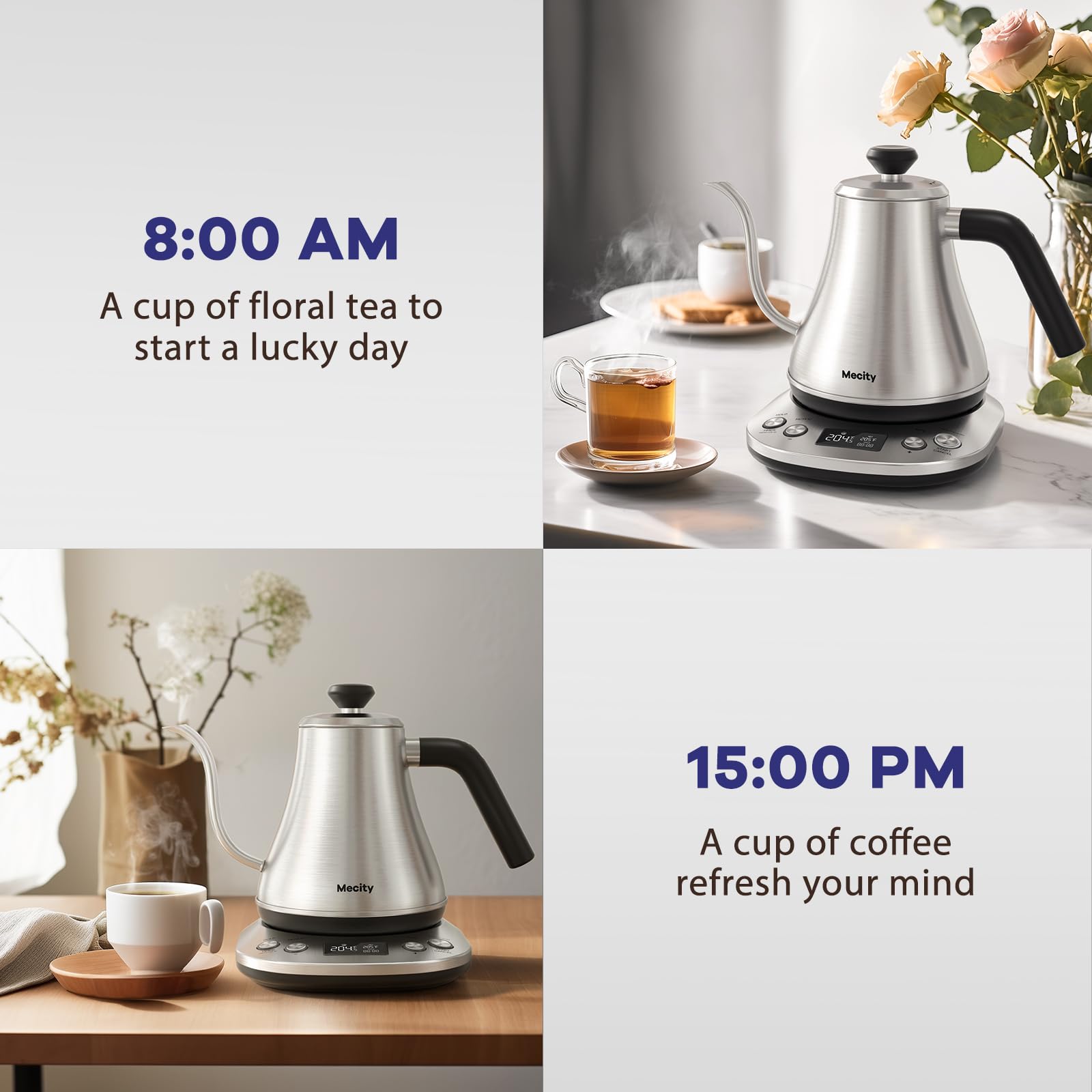 Mecity Electric Gooseneck Kettle With Keep Warm Function & LCD Display Automatic Shut Off Coffee Kettle Temperature Control Pour Over Kettle 1200 Watt, 0.8L, 120V, Off White