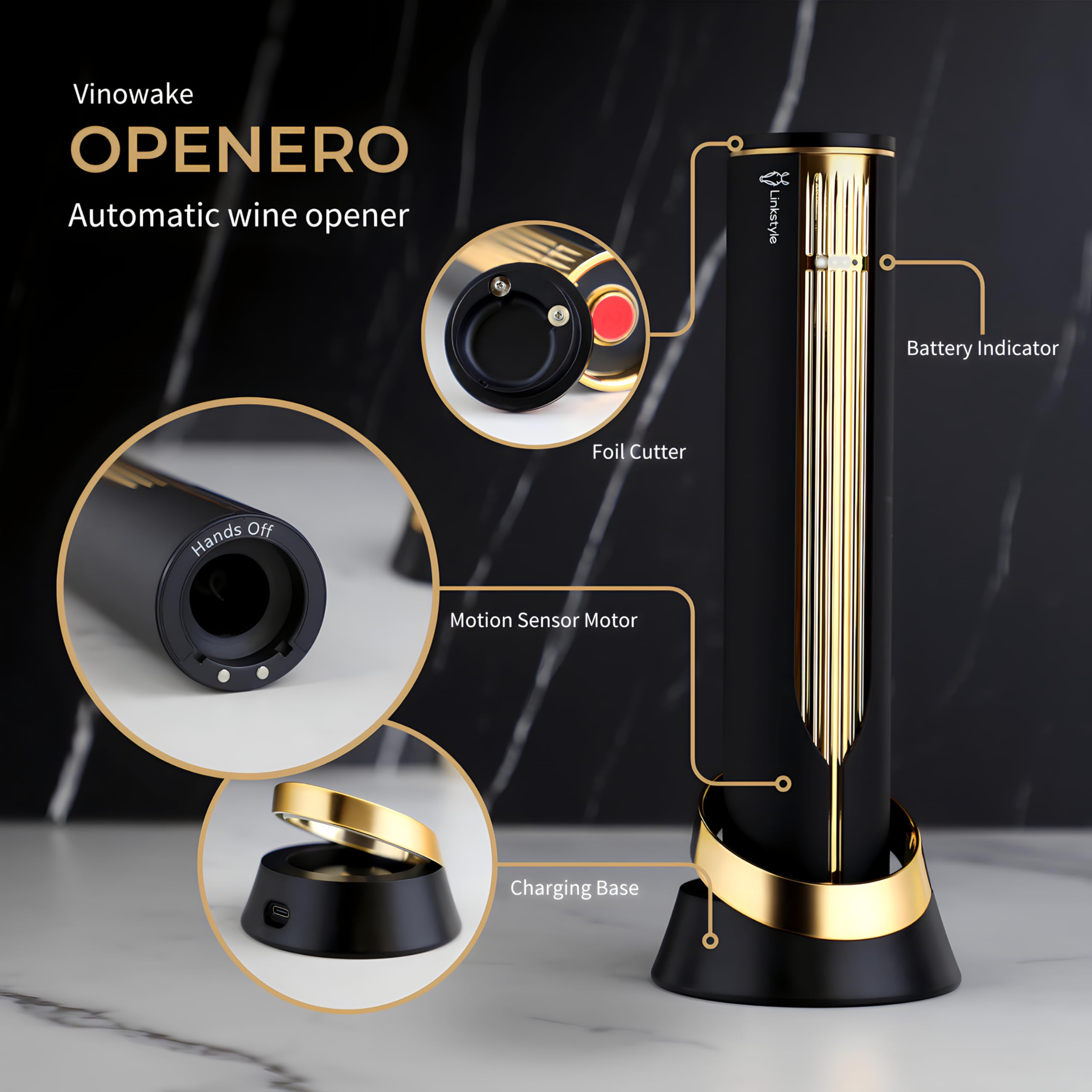 LINKSTYLE OPENERO Electric Wine Bottle Opener, Luxury Automatic Wine Corkscrew with Foil Cutter and Charging Base, Premium Metals with Elegant Gift Box, Home Bar Accessories for Wine Lovers, Gold