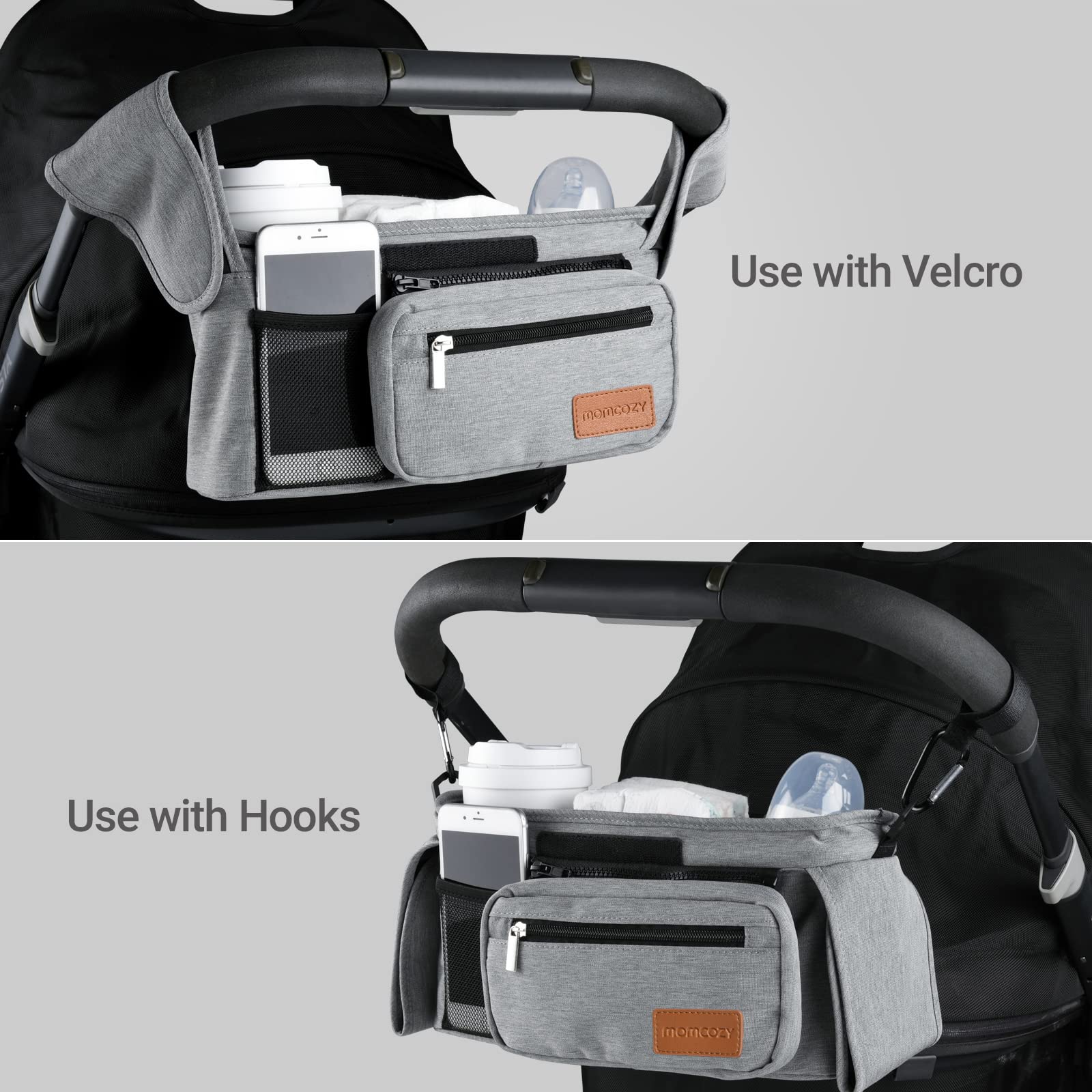 Momcozy Universal Baby Stroller Organizer, 2 Insulated Cup Holder, Detachable Zippered Pocket, Adjustable Shoulder Strap, Large capacity for baby essentials, Compact Design Fits Any Strollers