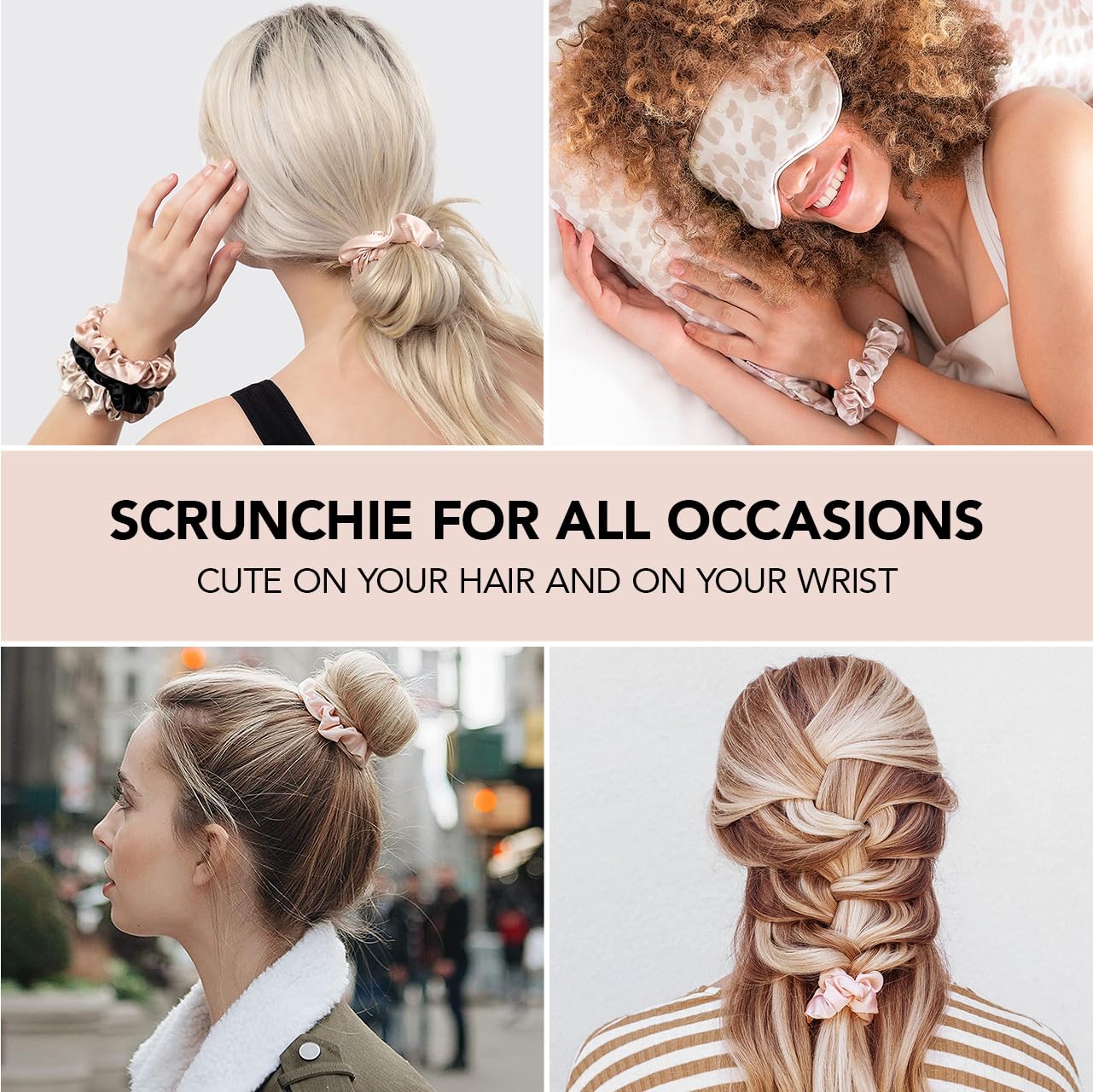 Kitsch Satin Hair Scrunchies for Women, Softer Than Silk Scrunchies for Hair, Satin Scrunchies for Girls, Satin Hair Ties for Women, Silk Hair Ties No Damage, Silk Ponytail Holders, 5 pcs (Cameo)