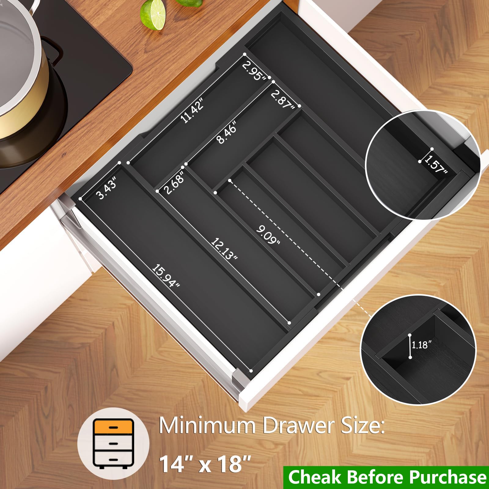 Bamboo Expandable Drawer Organizer for Utensils Holder, Adjustable Cutlery Tray, Wood Drawer Dividers Organizer for Silverware, Flatware, Knives in Kitchen, Bedroom, Living Room by Pipishell