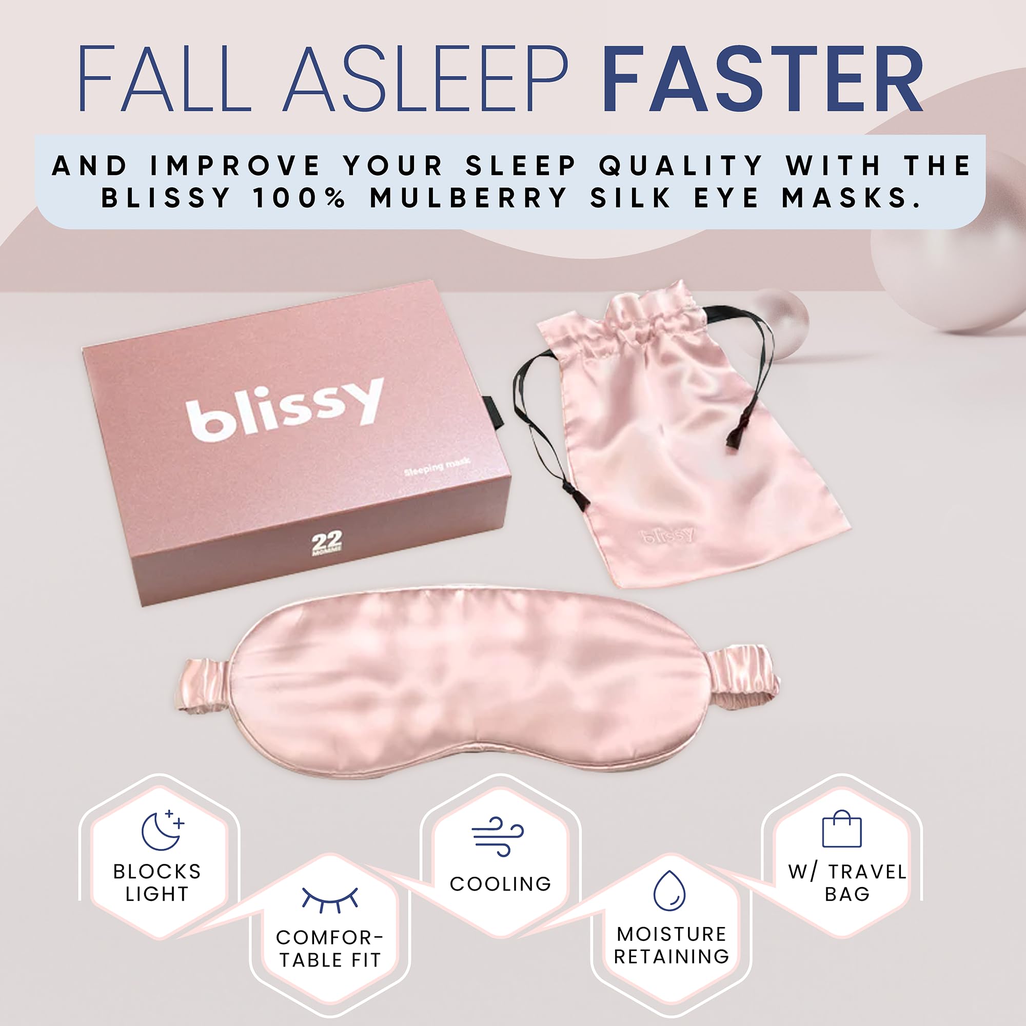 Blissy Silk Sleep Mask - Silk Eye Sleeping Mask for Women & Men for Total Blackout - Silk Eye Mask - 100% Pure Mulberry Silk, 22 Momme 6a Fibers - Blindfold Silk Sleep Mask Side Sleeper Eye Cover