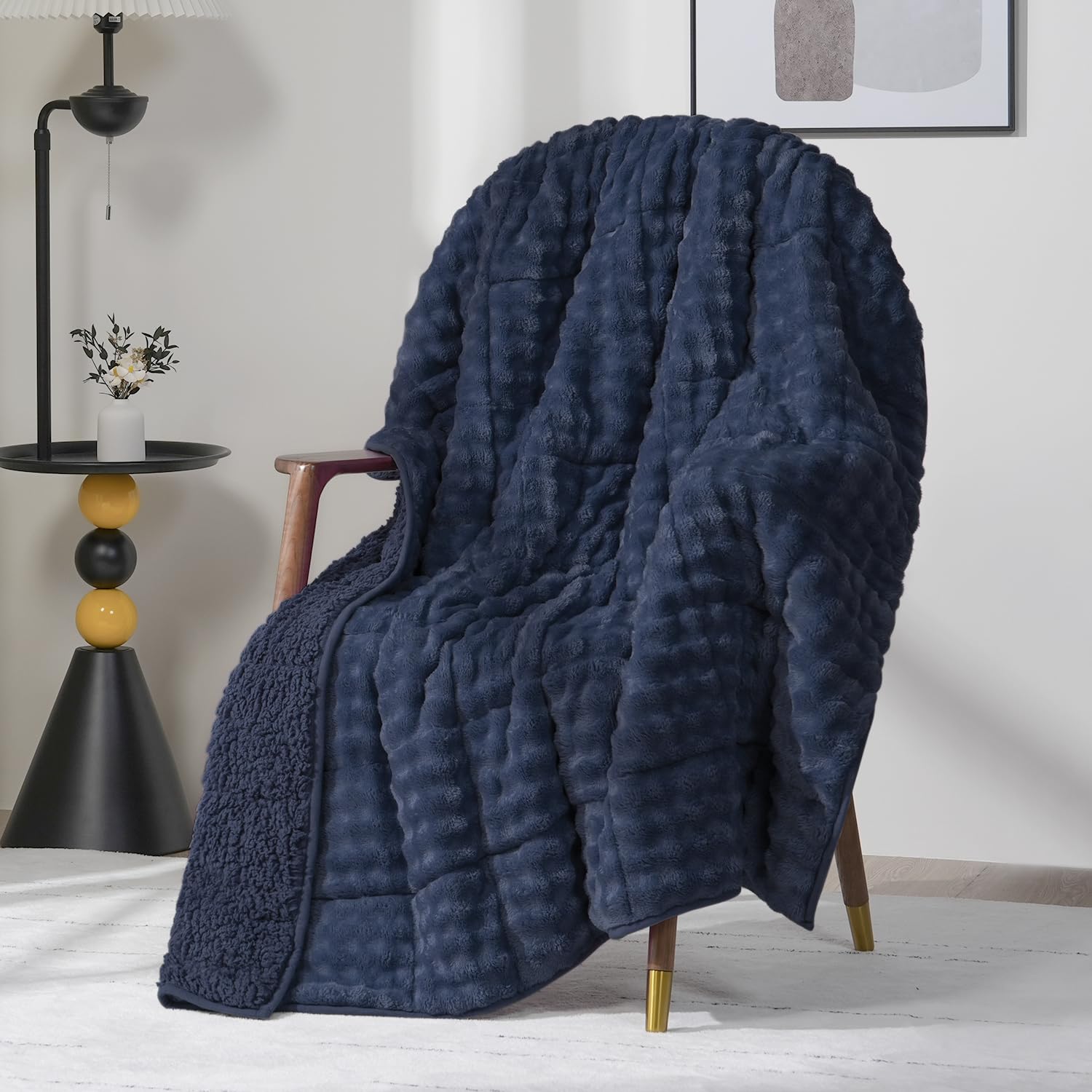 Cottonblue Weighted Blanket 15lbs Bubble Faux Fur Plush Sherpa Weighted Blankets for Adults, Fits Queen Size Bed, Cute Fuzzy Warm Heavy Blanket for Calm and Better Sleep, 60"x80", Cream White