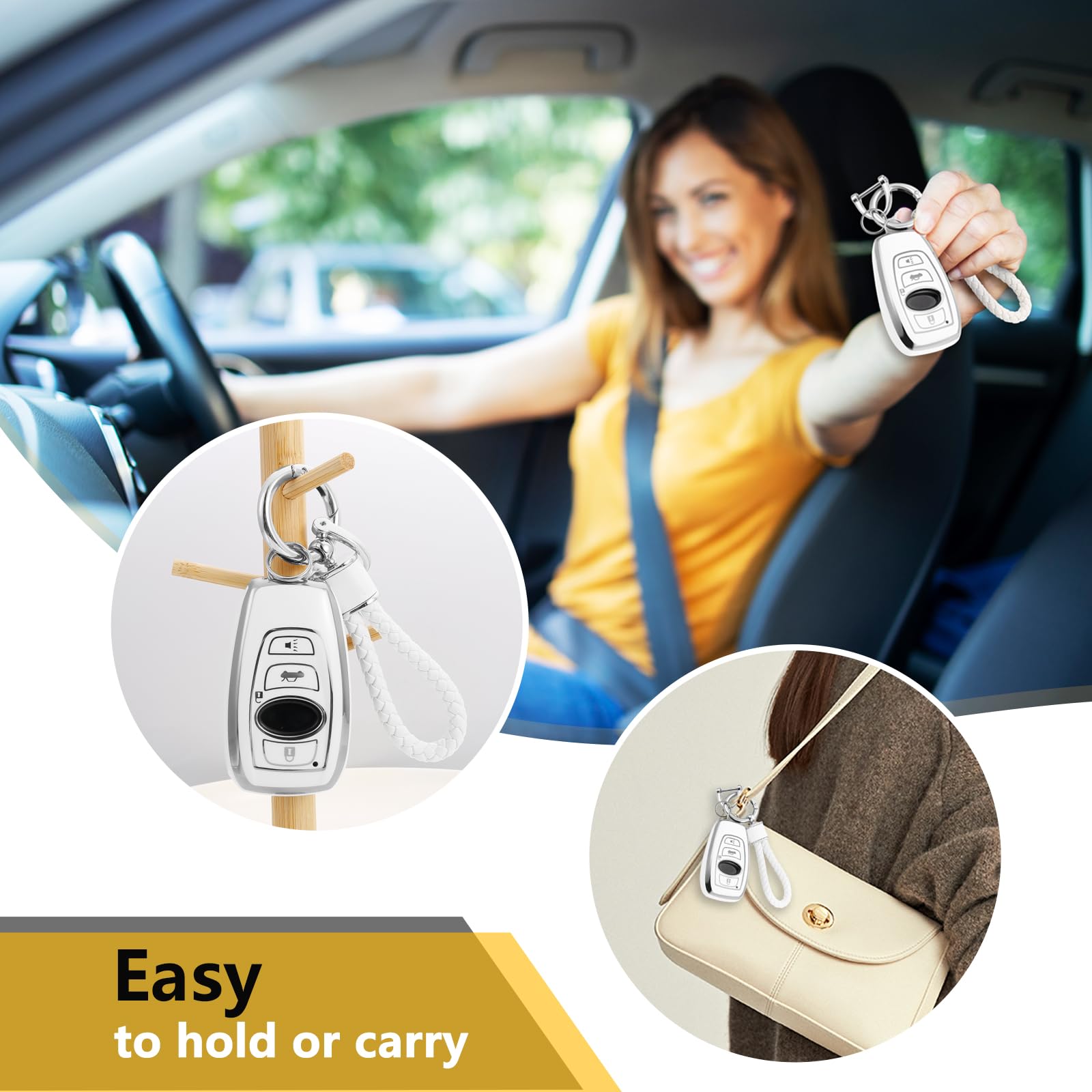 Cadillac Key Fob Cover with Metal Braided Rope Keychain, Upgraded Soft Key Case for 2015-2019 Escalade CTS SRX XT5 ATS STS CT6 (5 Button) (Gold Edge)