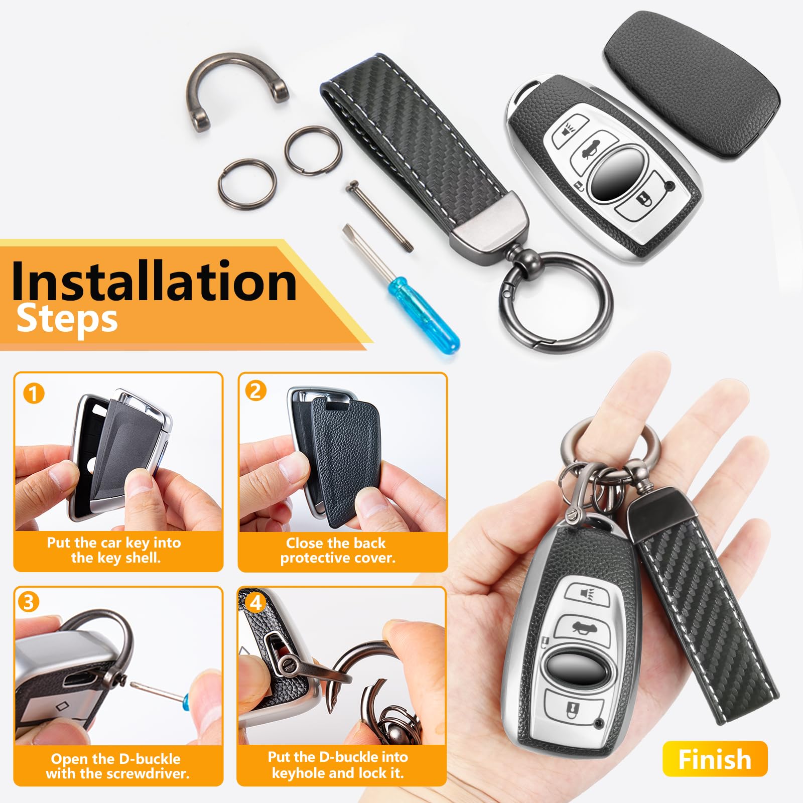 Cadillac Key Fob Cover with Metal Braided Rope Keychain, Upgraded Soft Key Case for 2015-2019 Escalade CTS SRX XT5 ATS STS CT6 (5 Button) (Gold Edge)