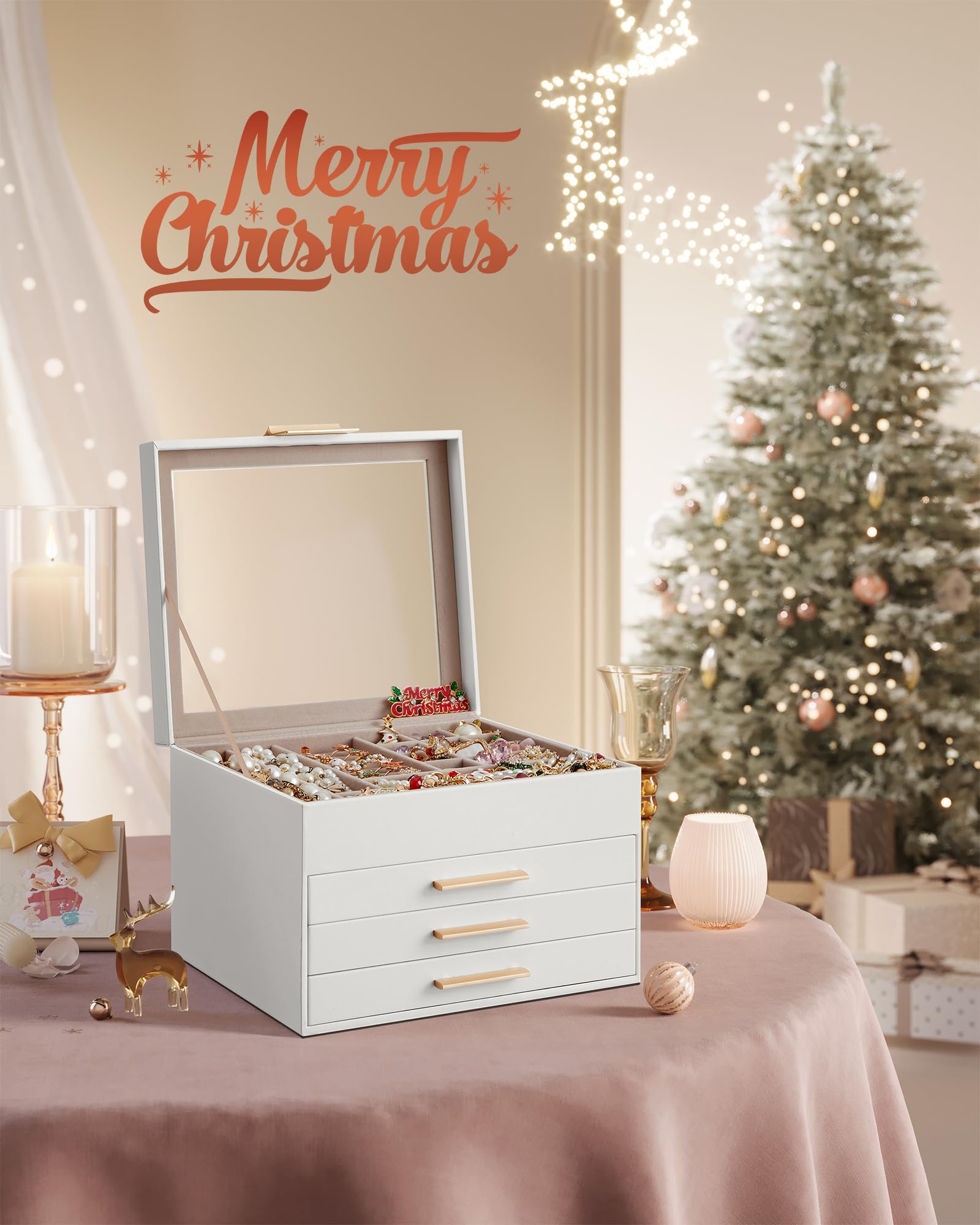 SONGMICS Jewelry Box with Glass Lid, 3-Layer Jewelry Organizer, 2 Drawers, for Big and Small Jewelry, Jewelry Storage, Modern Style, 8 x 9.1 x 5.3 Inches, Cloud White and Gold Color UJBC239WT