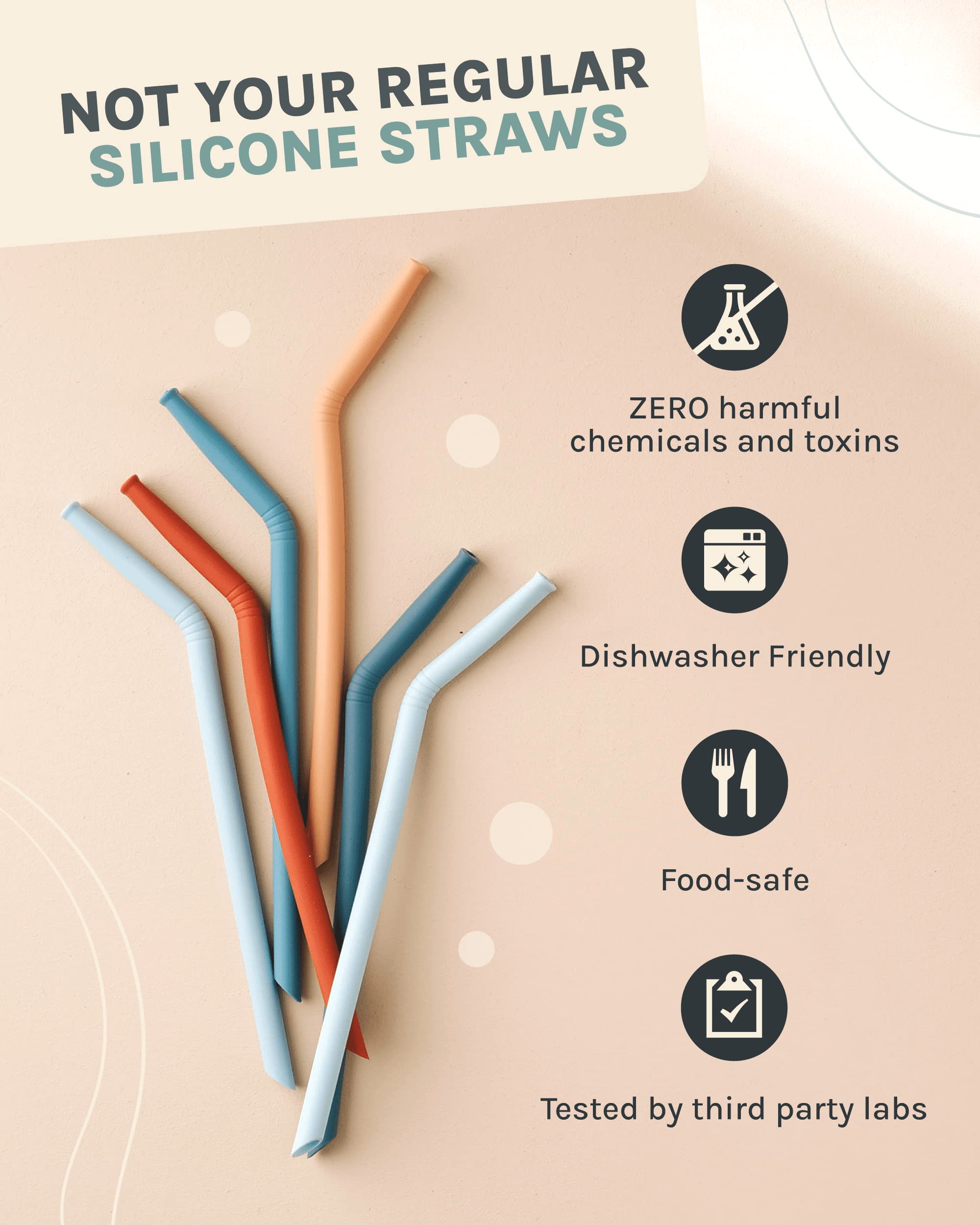 Silicone Straws - Reusable Drinking Straws w/Cleaning Brush - Long, Flexible and Bendy Straws For Tumblers and Cups - BPA Free, Food Grade Silicone, Dishwasher Safe - Set of 6 (Sand)