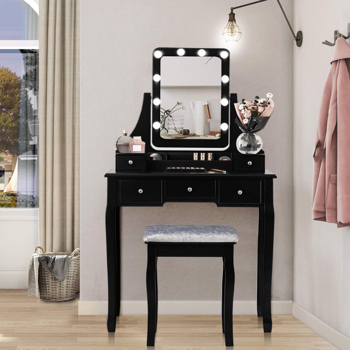 DORTALA Vanity Table Set with 360° Mirror & Cushioned Stool, Makeup Table with 10 LED Dimmable Bulbs, Bedroom Wood Dressing Table with 5 Drawers and Removable Box Organizer, Gift for Females (White)