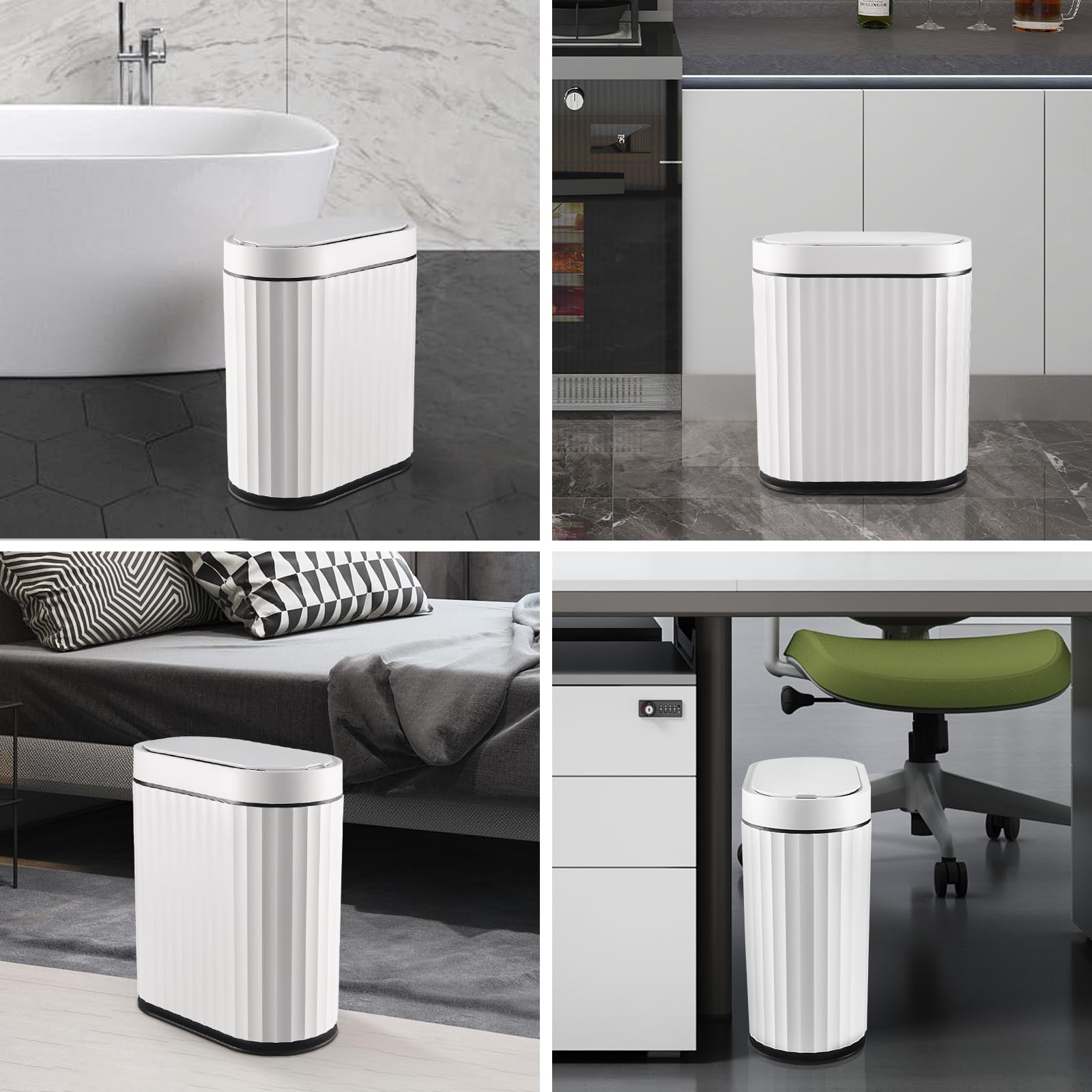 ELPHECO Mini Desktop Trash Can with Lid, Small Slim Automatic Garbage Can, 1.3 Gallon Motion Sensor Countertop Waste Basket for Bedroom, Office, Bathroom, White with Grey Trim