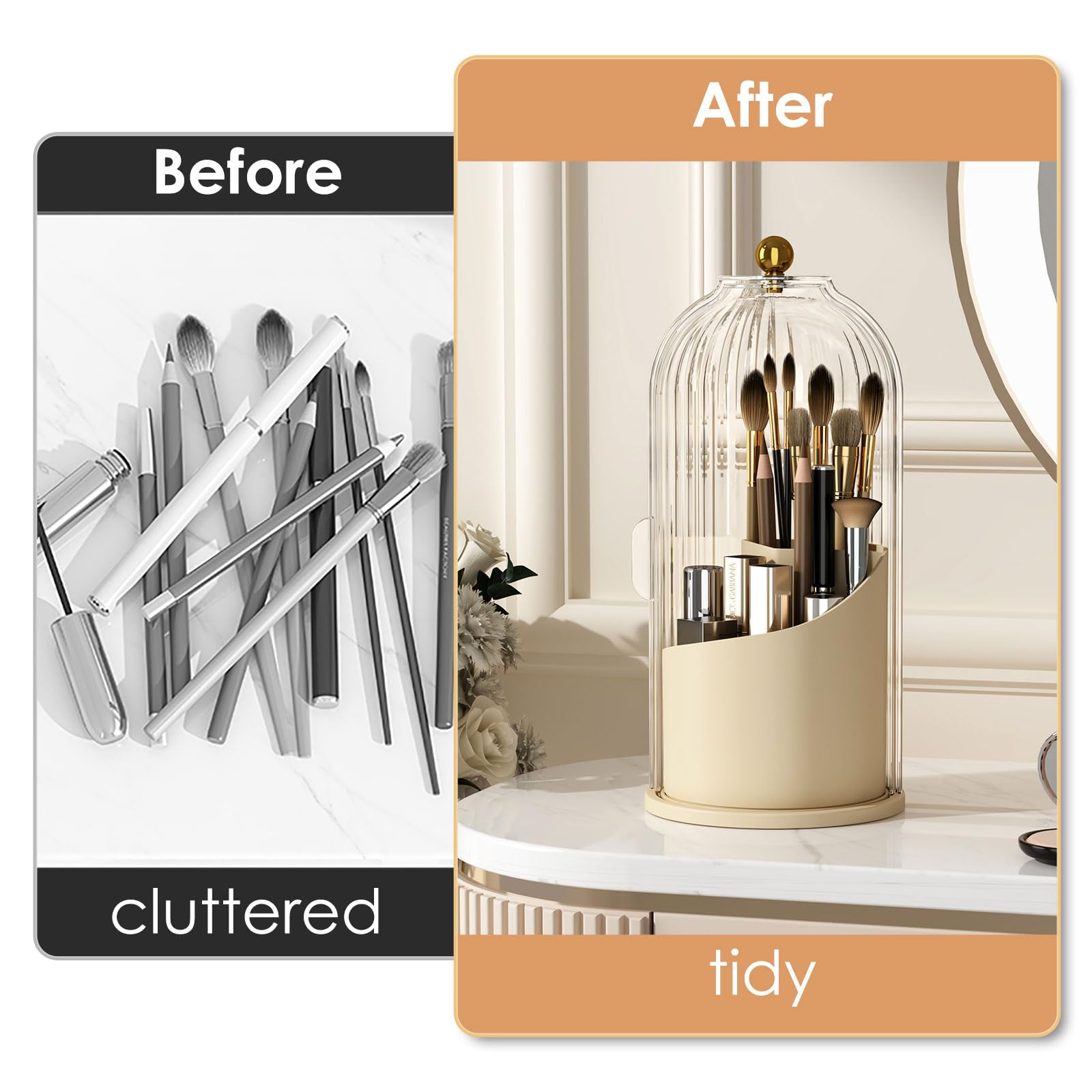 Makeup Brush Holder Organizer with Lid,360 Rotating Clear Dustproof Makeup Brushes Organizer for Vanity Desktop Bathroom Countertop (Transparent)