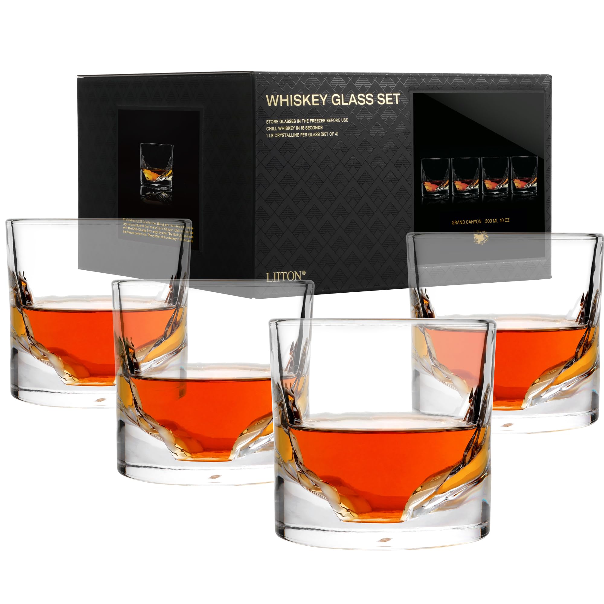 LIITON Heavy Crystal Whiskey Glasses Gift Set, Thick Freezable Bourbon Glass 1lb Each, Premium Whiskey Gifts for Men, Frozen Crystal Chills Cocktails Featuring Grand Canyon Glasses Set of 2, 10 oz