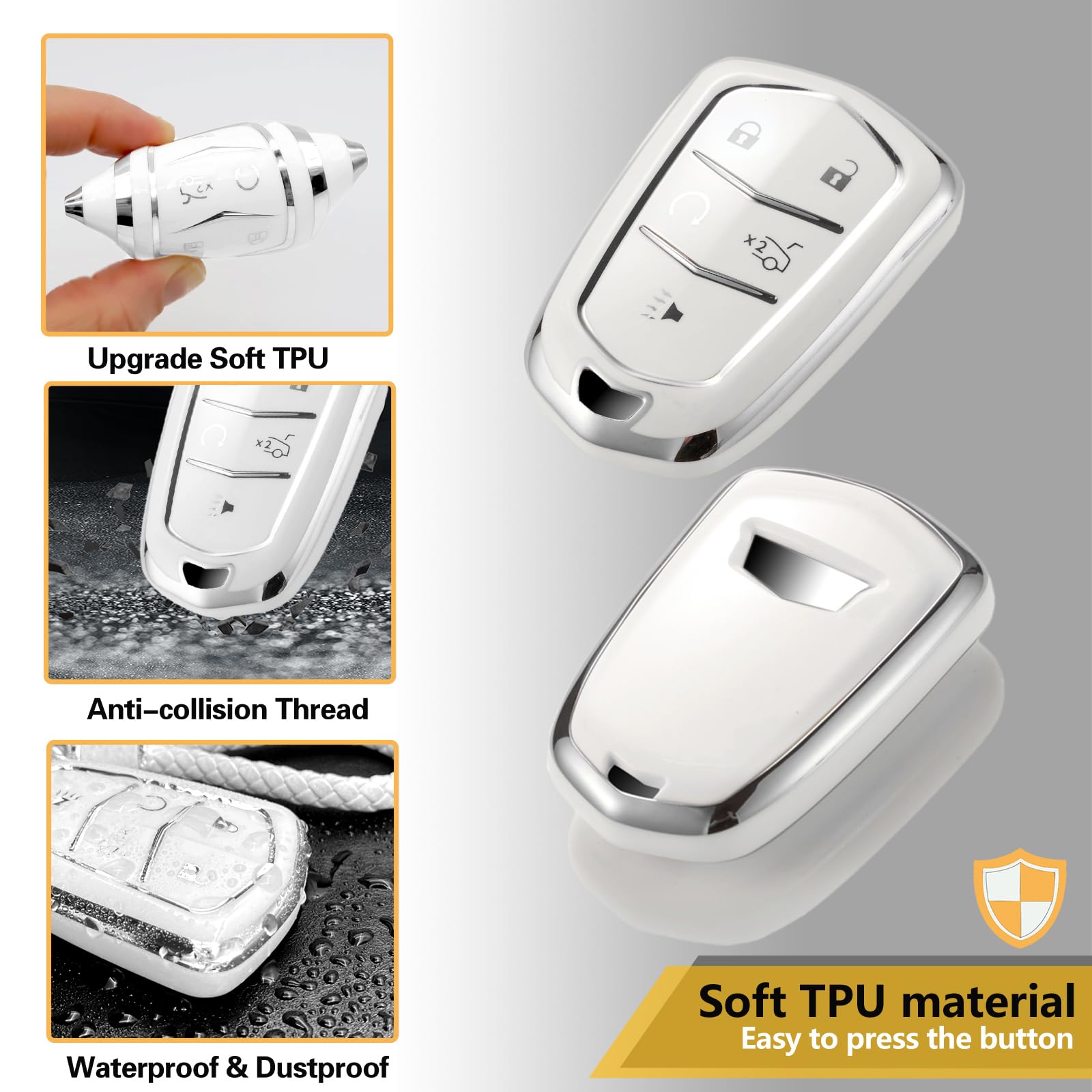 Cadillac Key Fob Cover with Metal Braided Rope Keychain, Upgraded Soft Key Case for 2015-2019 Escalade CTS SRX XT5 ATS STS CT6 (5 Button) (Gold Edge)