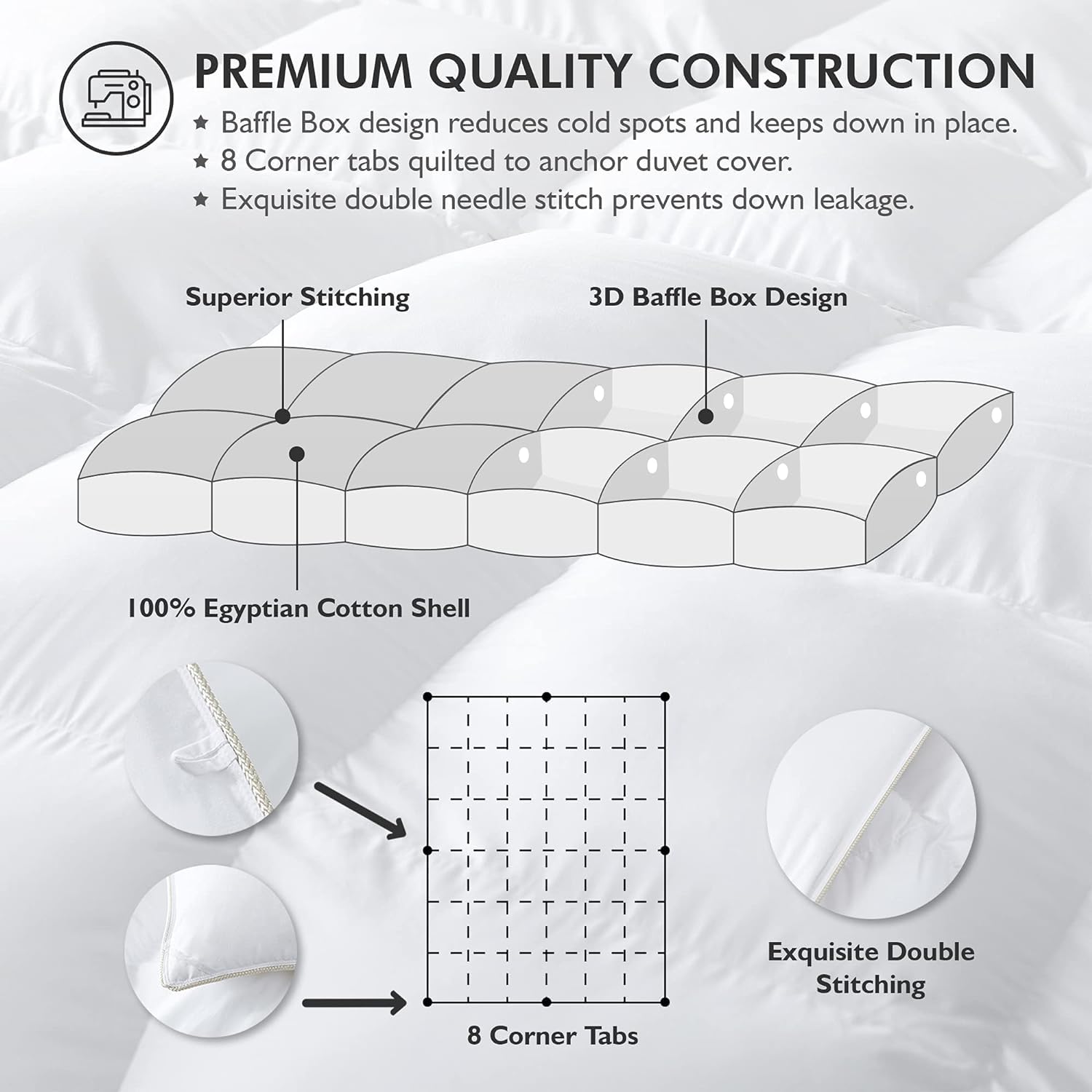 Luxurious Queen Size Goose Down Fiber Waterfowl Feather Fiber Comforter Duvet, 100% Egyptian Cotton Cover, 48 oz. Fill Weight, Baffle Box Design, White Solid