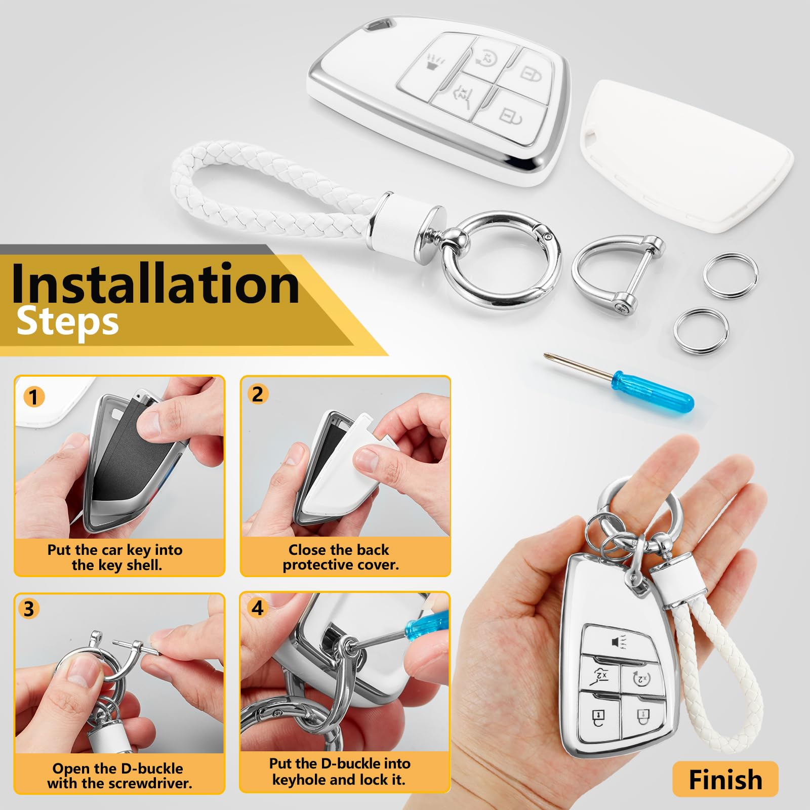 Cadillac Key Fob Cover with Metal Braided Rope Keychain, Upgraded Soft Key Case for 2015-2019 Escalade CTS SRX XT5 ATS STS CT6 (5 Button) (Gold Edge)