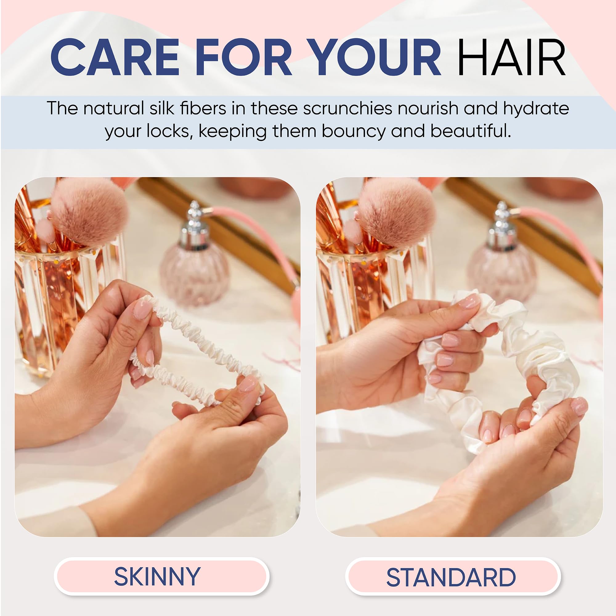 Blissy Silk Scrunchies (3 Pack) - 100% Pure Mulberry Silk - 22 Momme 6A High-Grade Fibers - Silk Scrunchie for Straight & Curly Hair - Preventing Breakage, Tangling, & Creasing (Rose Skinny)