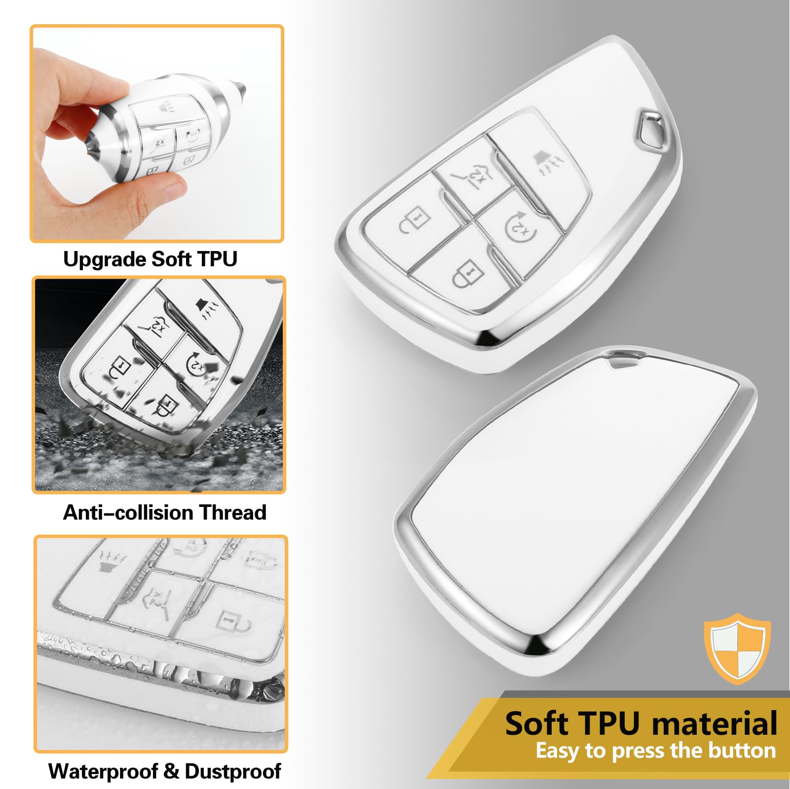 Cadillac Key Fob Cover with Metal Braided Rope Keychain, Upgraded Soft Key Case for 2015-2019 Escalade CTS SRX XT5 ATS STS CT6 (5 Button) (Gold Edge)