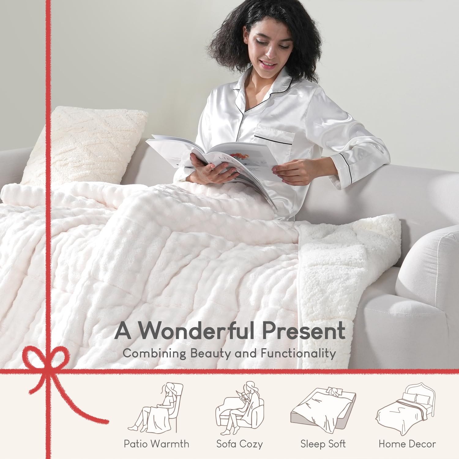 Cottonblue Weighted Blanket 15lbs Bubble Faux Fur Plush Sherpa Weighted Blankets for Adults, Fits Queen Size Bed, Cute Fuzzy Warm Heavy Blanket for Calm and Better Sleep, 60"x80", Cream White