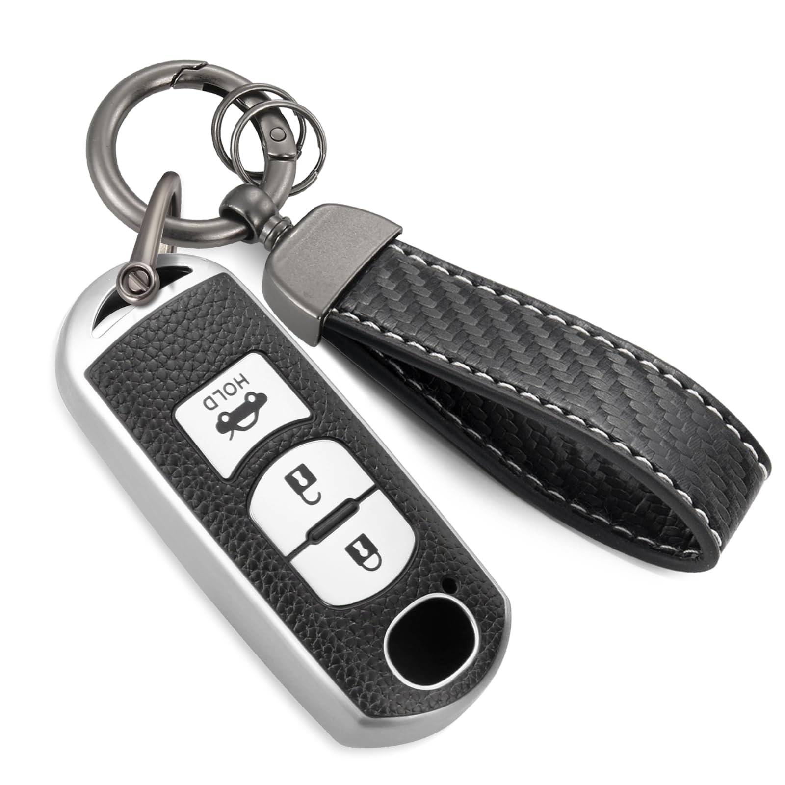 Cadillac Key Fob Cover with Metal Braided Rope Keychain, Upgraded Soft Key Case for 2015-2019 Escalade CTS SRX XT5 ATS STS CT6 (5 Button) (Gold Edge)