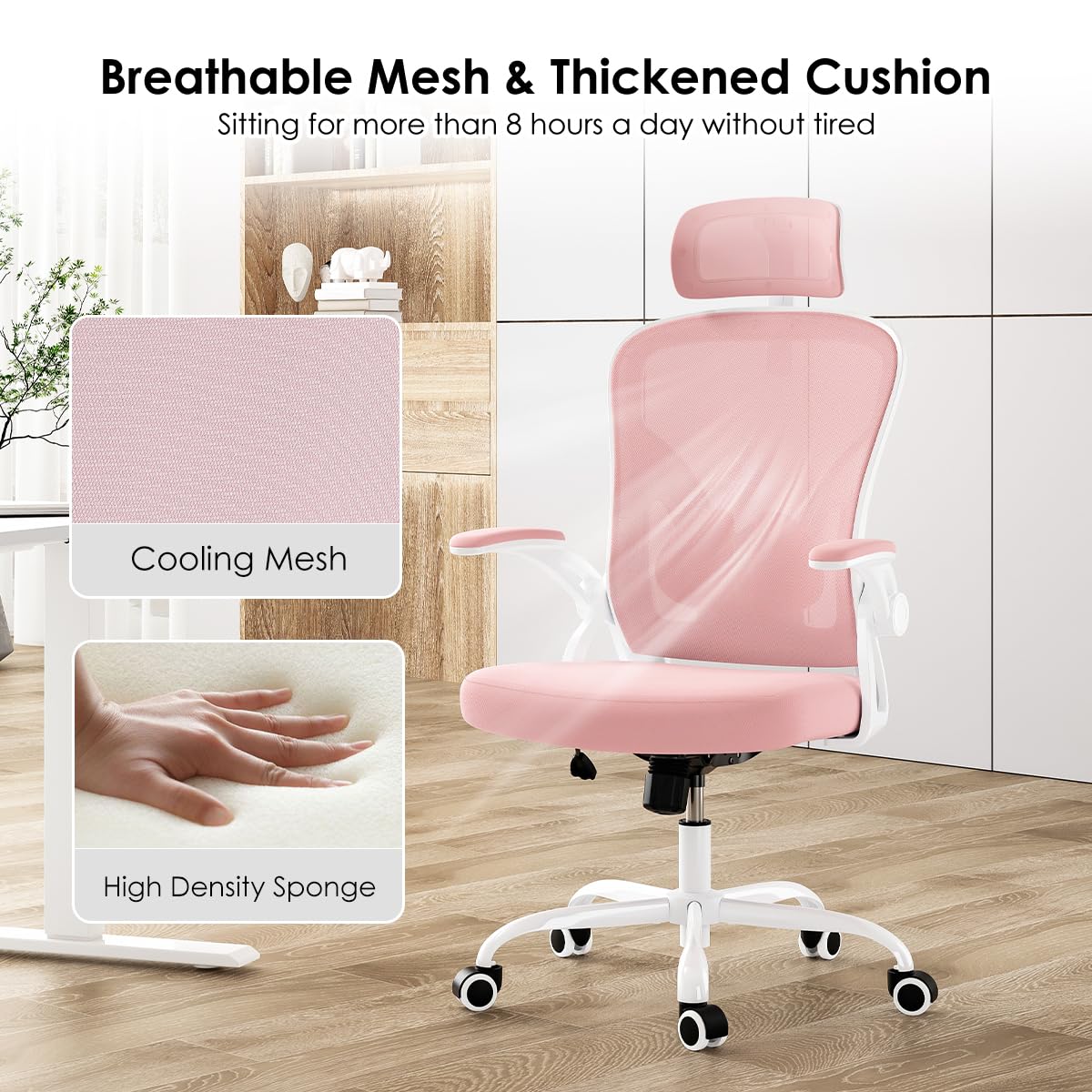 Farini Ergonomic Office Chair, Home Office Desk Chair with Headrest, High Back Computer Chair with Flip-up Armrests and Adjustable Lumbar Support for Home Office Study Bedroom, Khaki.