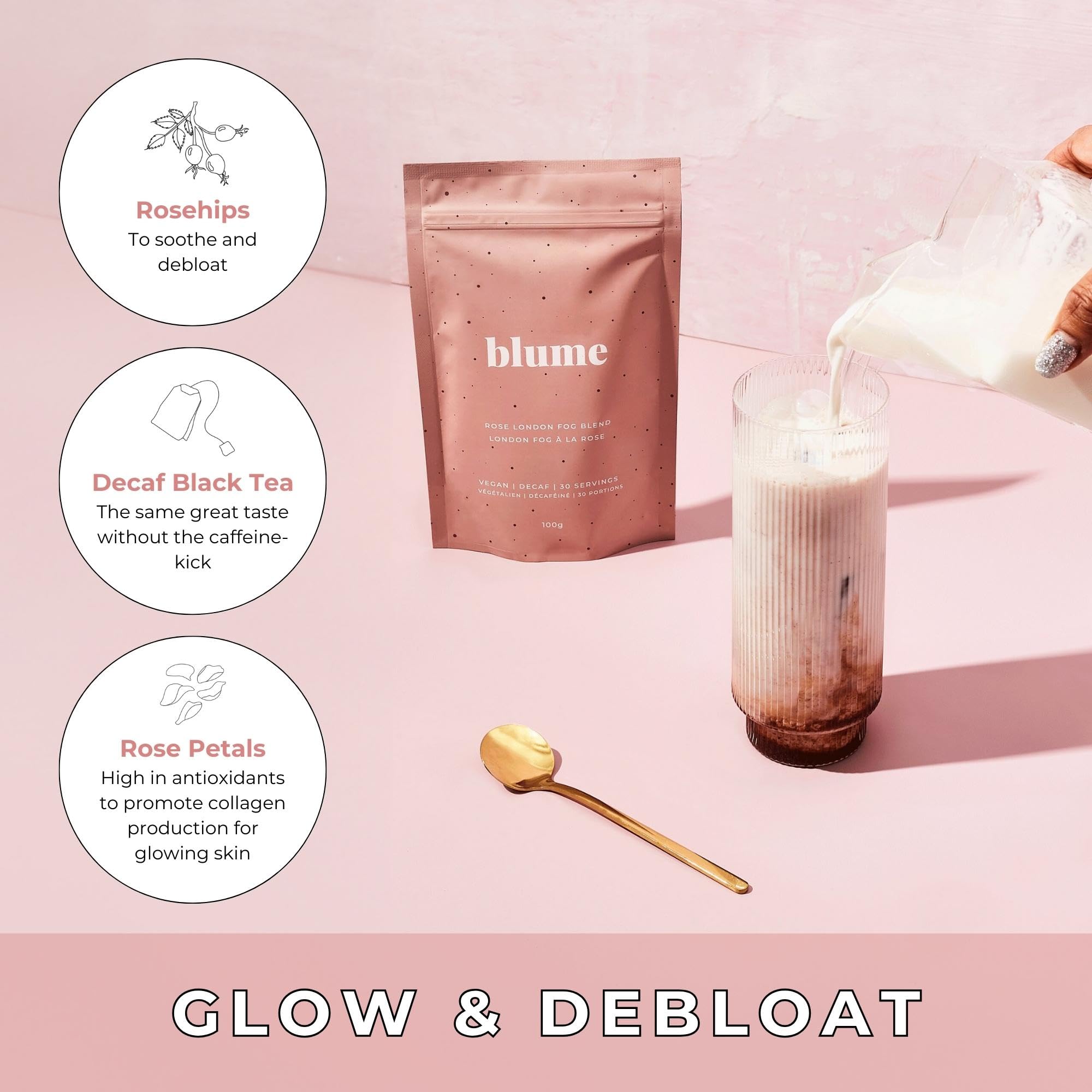 Blume Rose London Fog Latte with Zero Sugar or Caffeine - Certified Organic, Vegan and Gluten-Free - Tart Cherry & Rosehips blend rich Antioxidant & Vitamin to Ease Bloating and Boost Your Natural Glow - 30 Servings