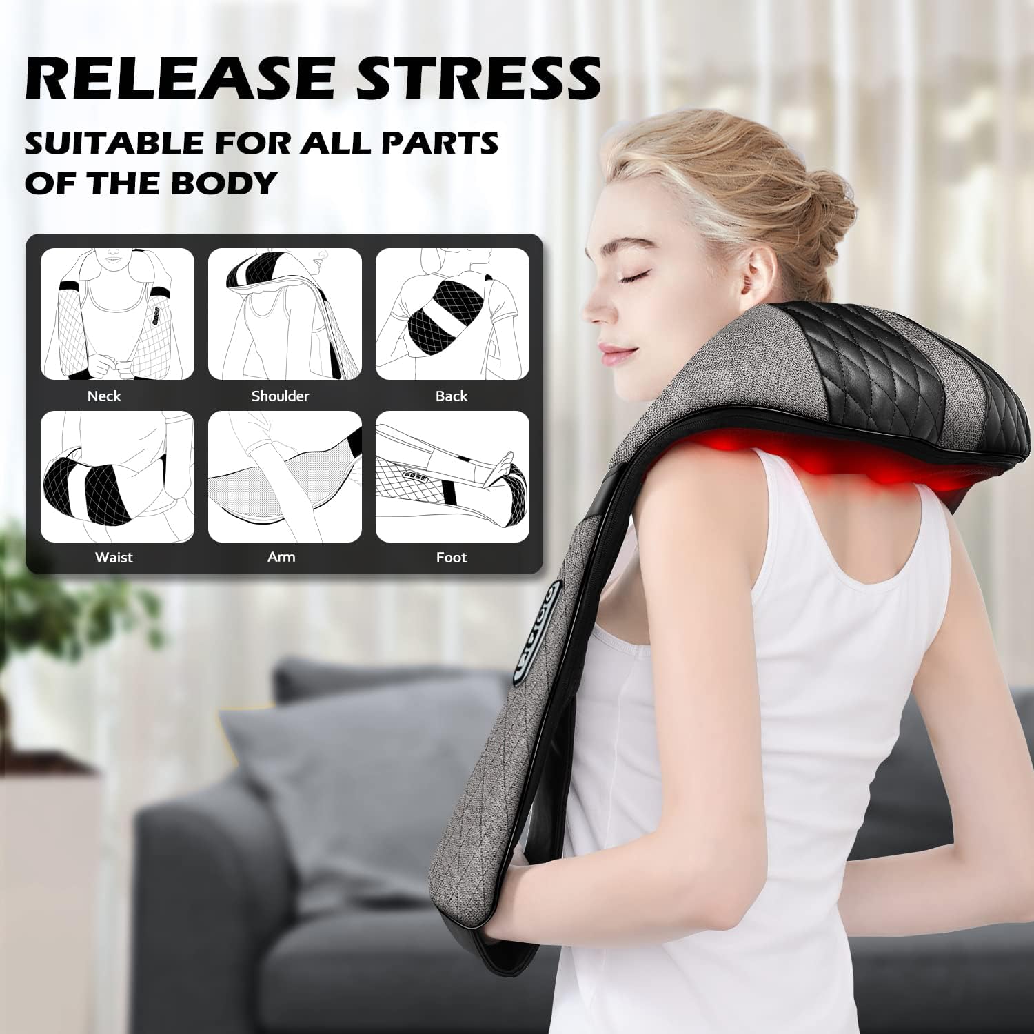 Shiatsu Electric Neck Back Massager Pillow 3D Kneading with Heat For Shoulder, Lower Back, Foot, Leg Muscles Pain Relief Relax in Car Office and Home