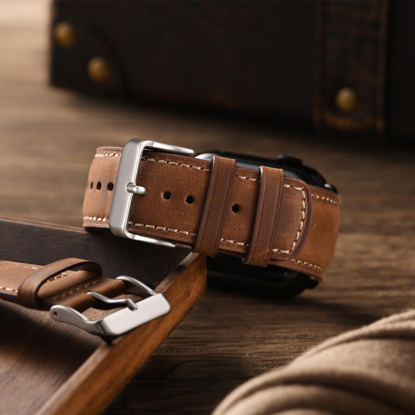 Bestig Compatible with Apple Watch Band 49mm 46mm 45mm 44mm 42mm(Series 3 2 1) Apple Watch Leather Bands Genuine Leather for iWatch Strap Ultra Series 10 9 8 7 6 5 4 SE Women Man-Redbrown/Black