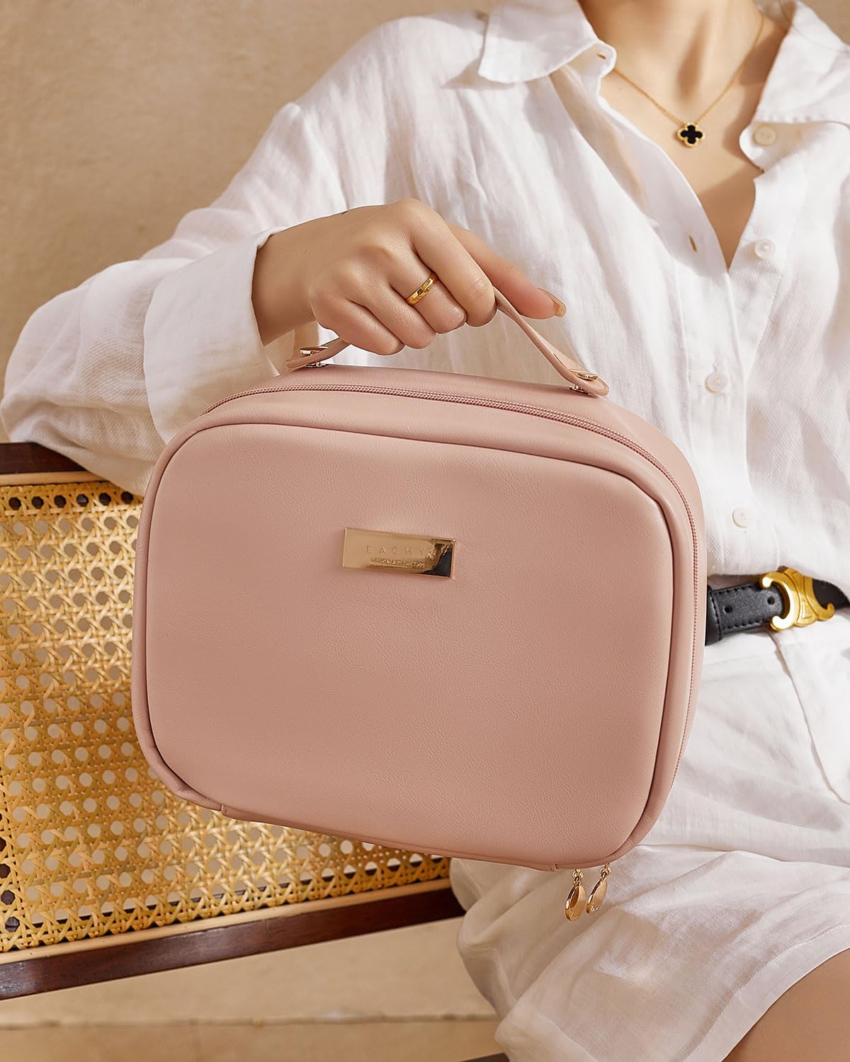 EACHY Travel Makeup Bag,Large Capacity Cosmetic Bags for Women,Waterproof Portable Pouch Open Flat Toiletry Bag Make up Organizer with Divider and Handle