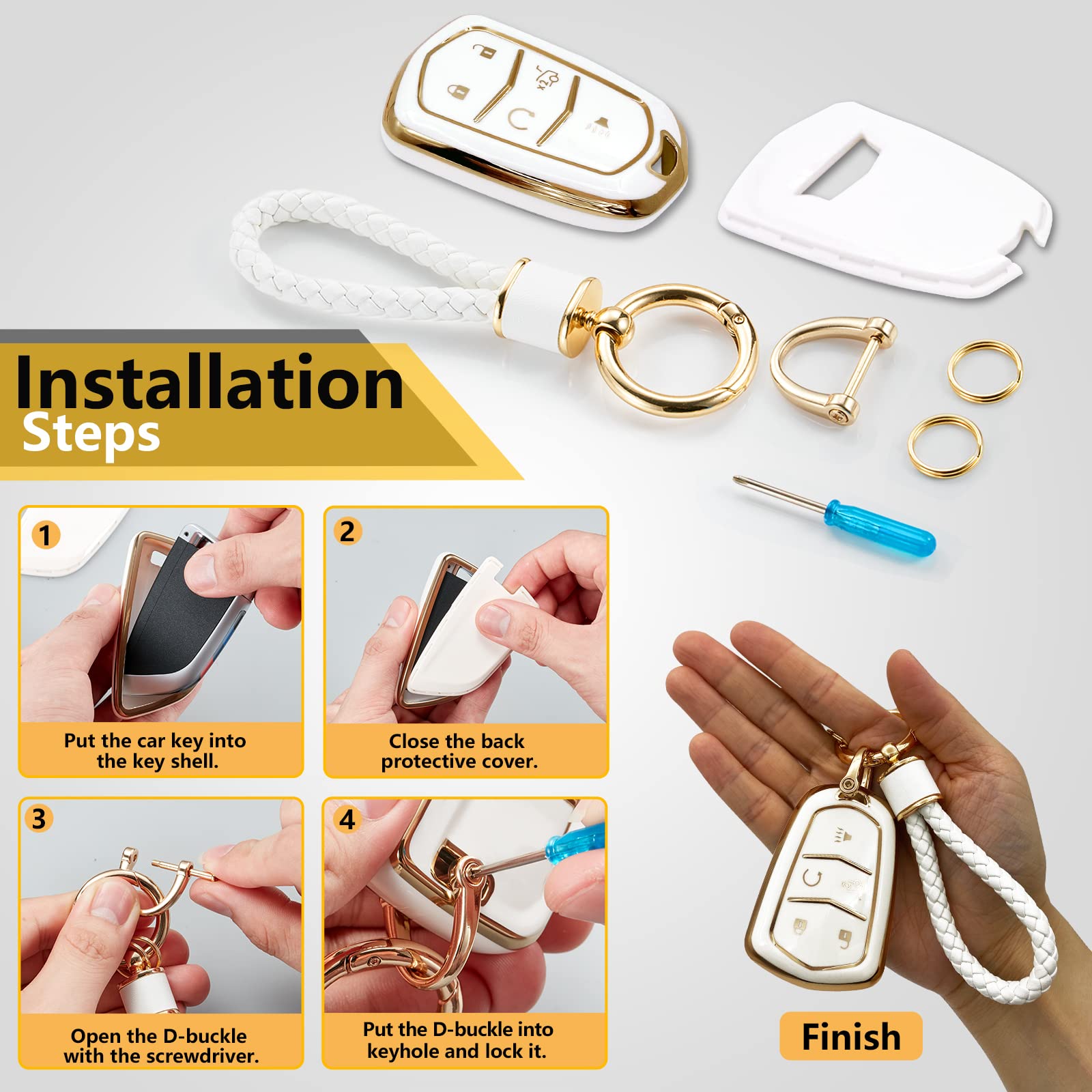 Cadillac Key Fob Cover with Metal Braided Rope Keychain, Upgraded Soft Key Case for 2015-2019 Escalade CTS SRX XT5 ATS STS CT6 (5 Button) (Gold Edge)