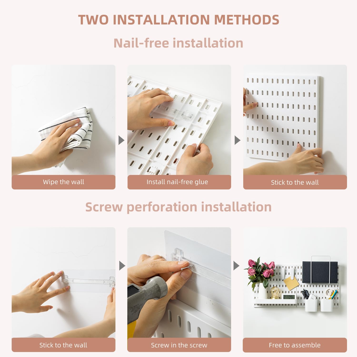 VUSIGN Pegboard Combination Wall Organizer Kit, 4 Pieces Pegboards and 17 Accessories Modular Hanging, Wall Mount Display Peg Board Panel Kits for Bedroom, Home, Office, Bathroom, 22" x 22", Pink