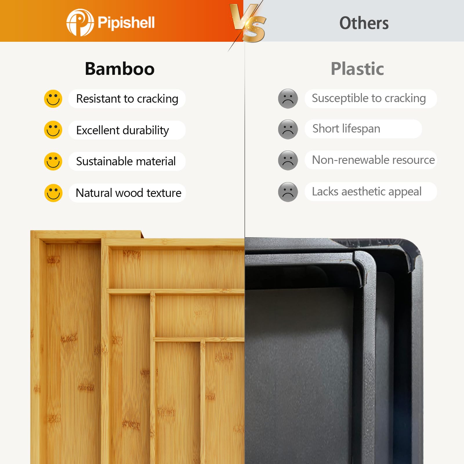 Bamboo Expandable Drawer Organizer for Utensils Holder, Adjustable Cutlery Tray, Wood Drawer Dividers Organizer for Silverware, Flatware, Knives in Kitchen, Bedroom, Living Room by Pipishell