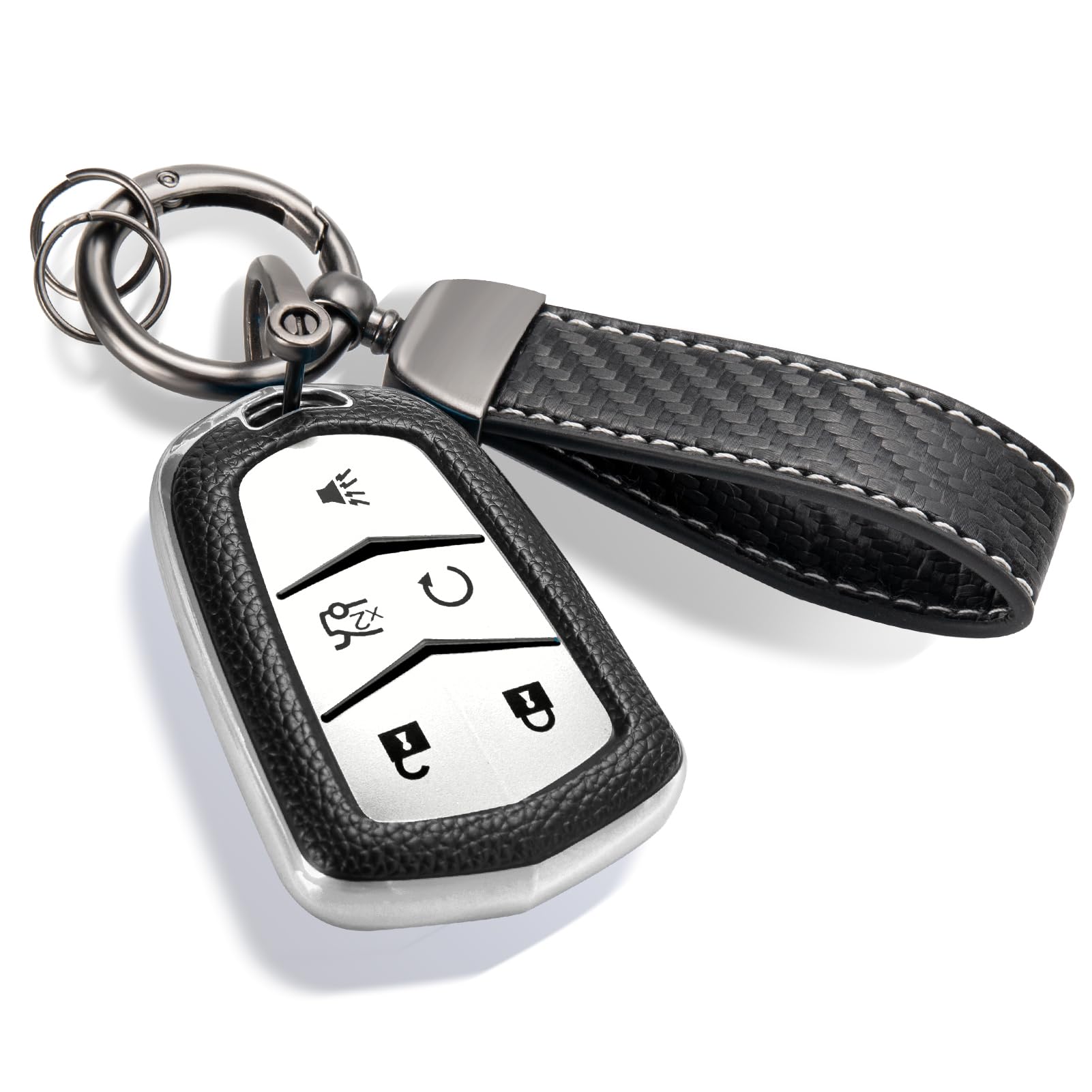 Cadillac Key Fob Cover with Metal Braided Rope Keychain, Upgraded Soft Key Case for 2015-2019 Escalade CTS SRX XT5 ATS STS CT6 (5 Button) (Gold Edge)