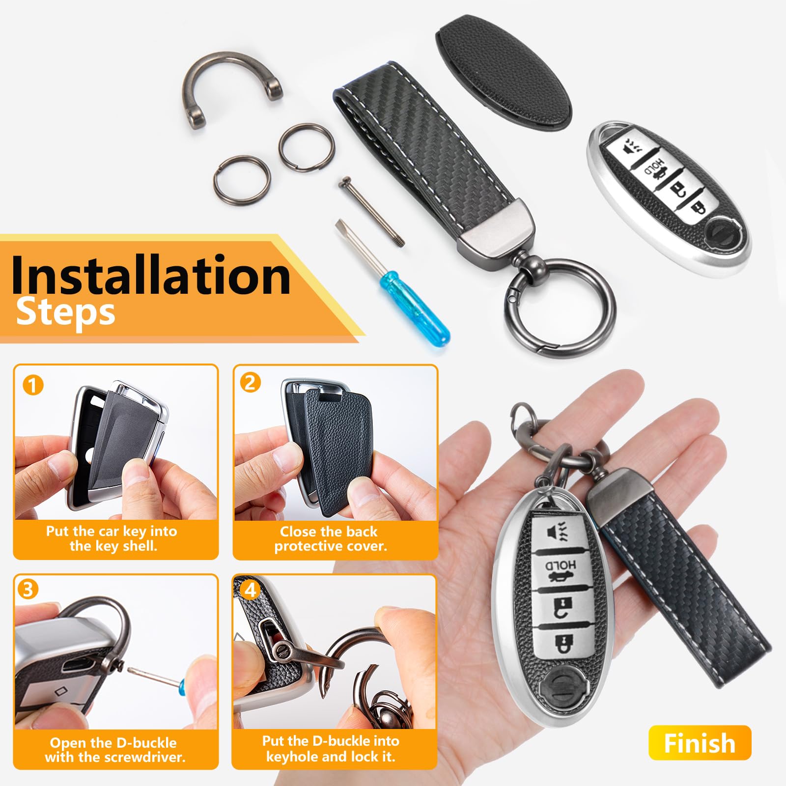 Cadillac Key Fob Cover with Metal Braided Rope Keychain, Upgraded Soft Key Case for 2015-2019 Escalade CTS SRX XT5 ATS STS CT6 (5 Button) (Gold Edge)