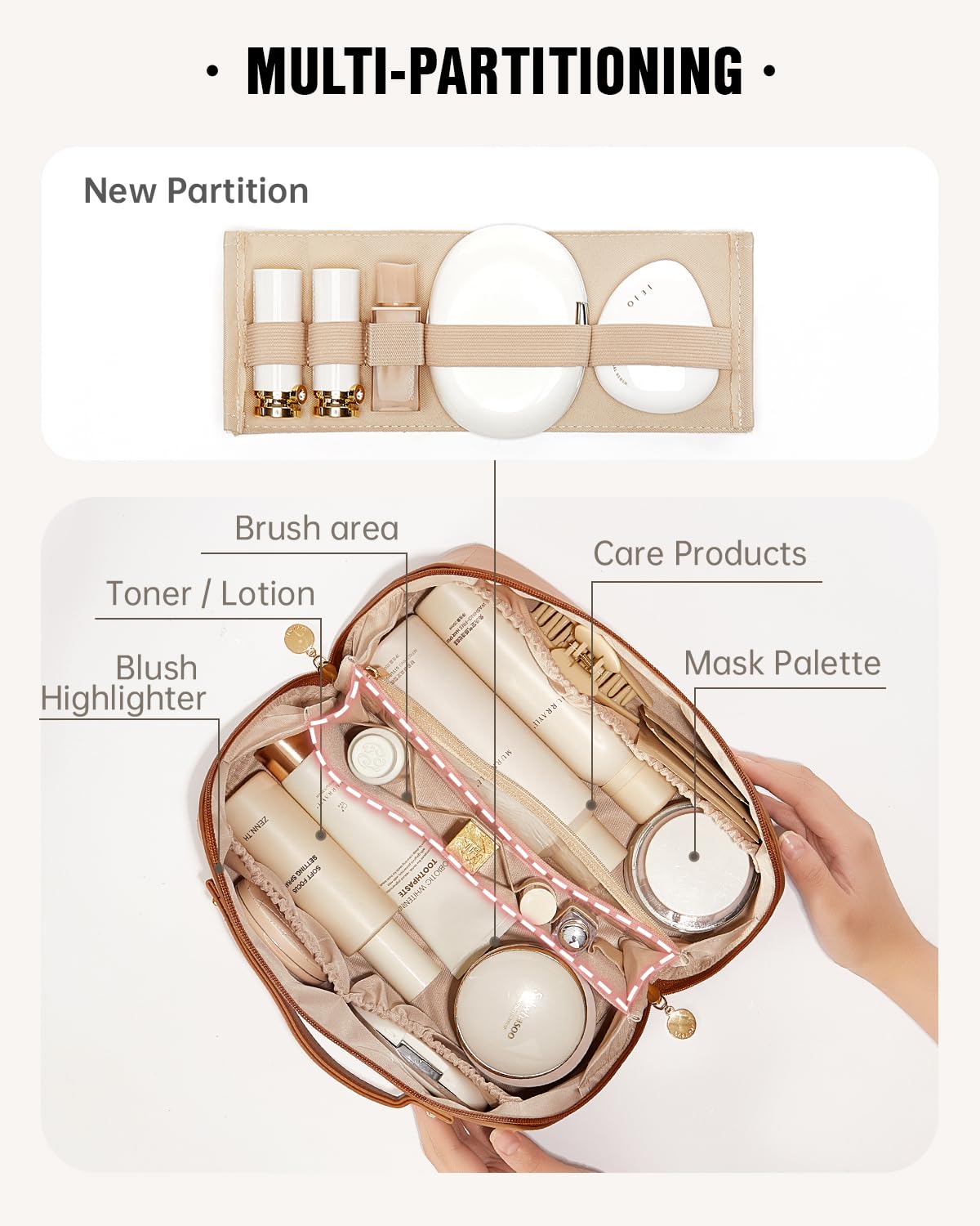 EACHY Travel Makeup Bag,Large Capacity Cosmetic Bags for Women,Waterproof Portable Pouch Open Flat Toiletry Bag Make up Organizer with Divider and Handle