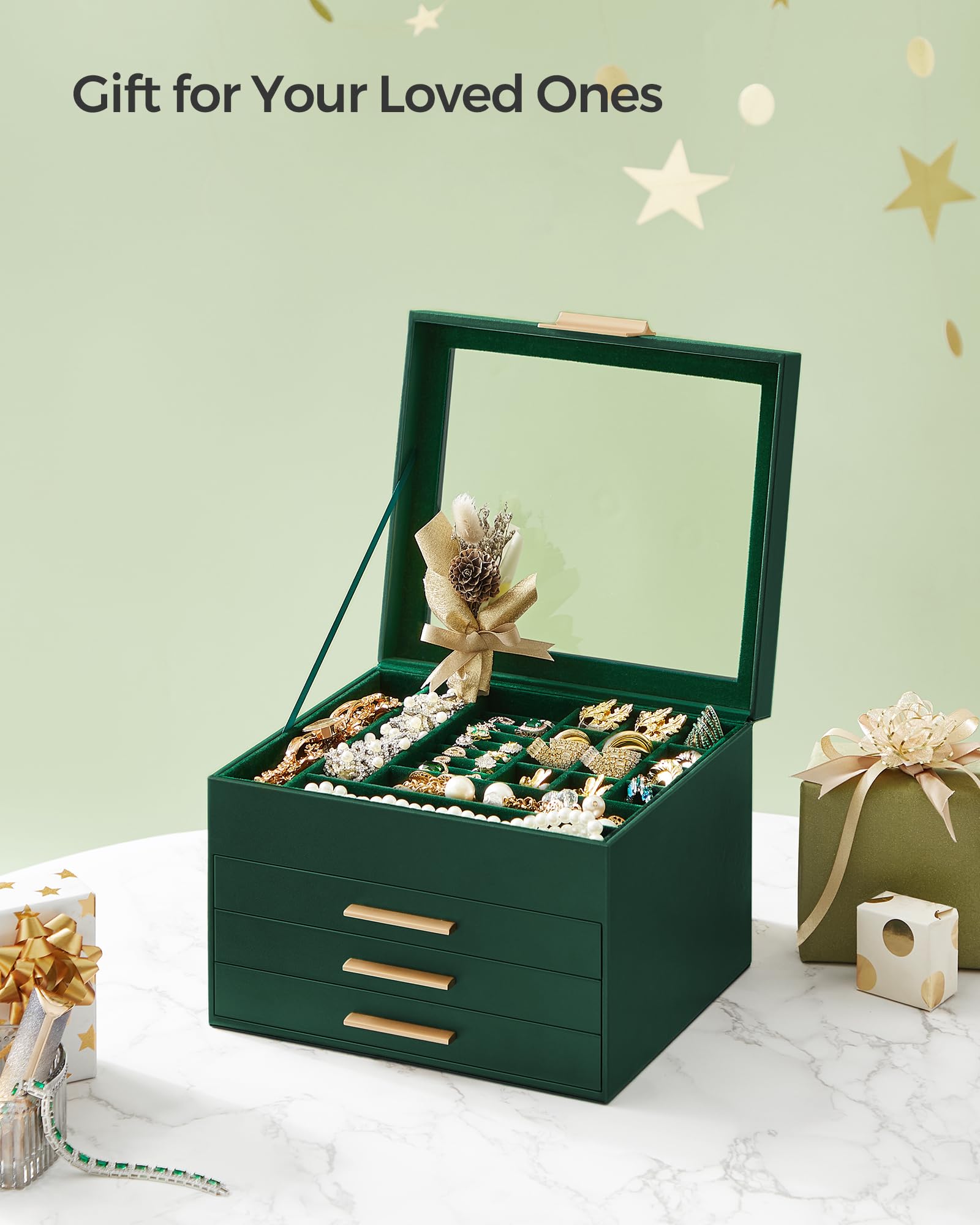 SONGMICS Jewelry Box with Glass Lid, 3-Layer Jewelry Organizer, 2 Drawers, for Big and Small Jewelry, Jewelry Storage, Modern Style, 8 x 9.1 x 5.3 Inches, Cloud White and Gold Color UJBC239WT