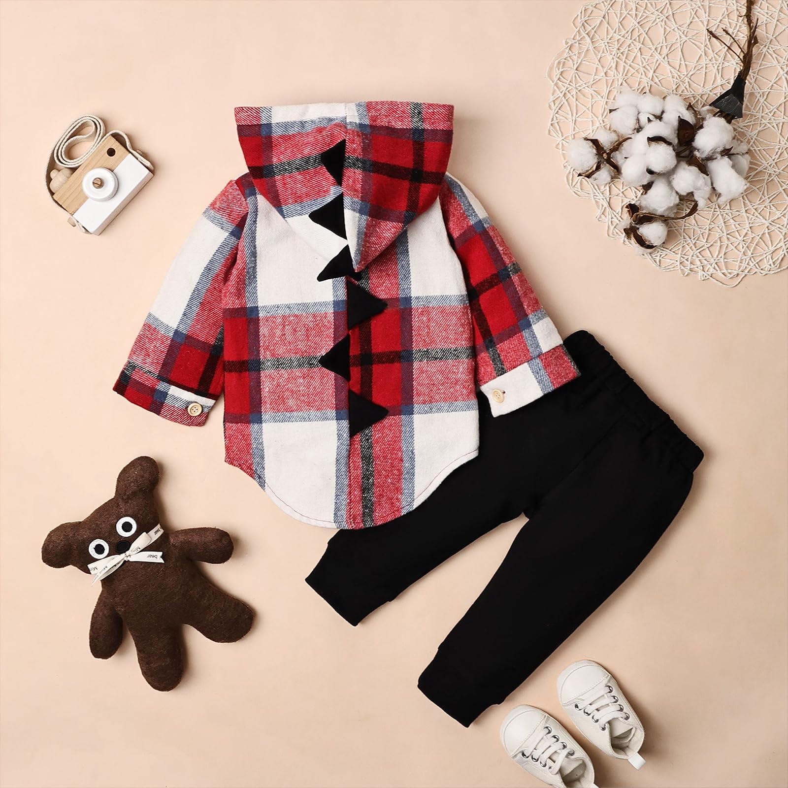 Toddler Baby Boy Clothes Long Sleeve Dinosaur Plaid Hoodie Sweatshirt + Pocket Pants Set 6 Months-4 Years
